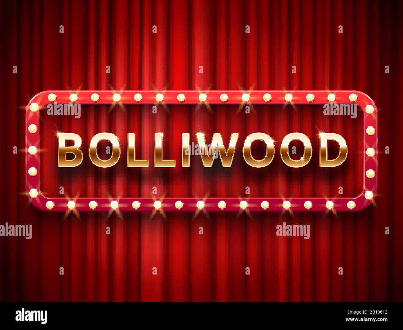 Bollywood-Kino. Vintage indian Movie, Cinematographie und Theaterplakat. Retro-3D-Filmplakate Logo auf roten Vorhängen Vektorvorlage Stock Vektor