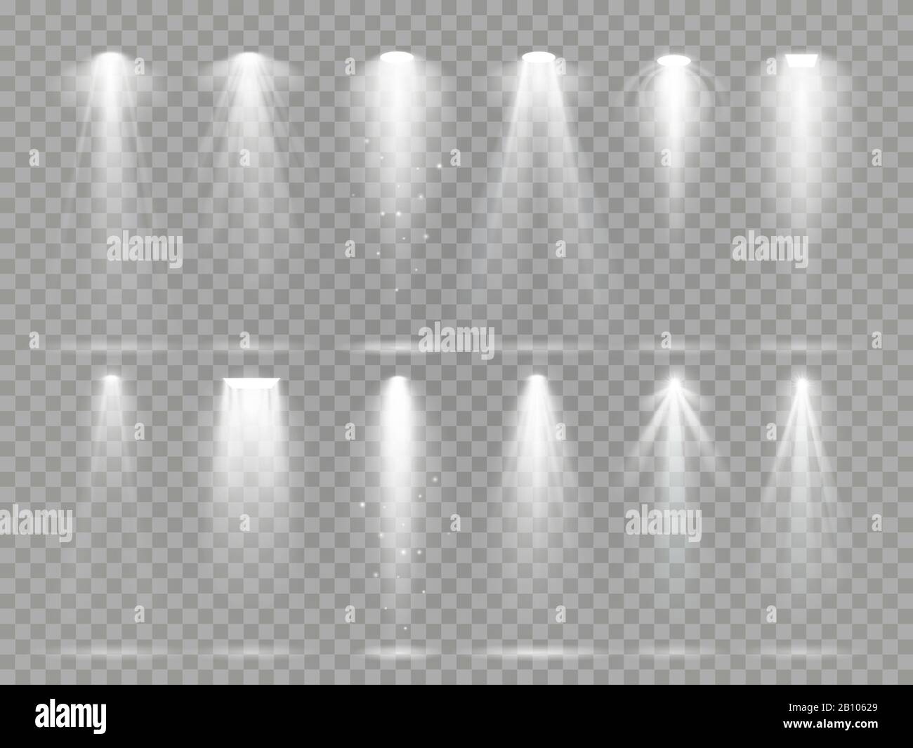 Helle Lichtprojektoren auf der Theaterbühne. Strahlen von Studiobluten, weißem Scheinwerferlicht und Flutlichtvektor eingestellt Stock Vektor