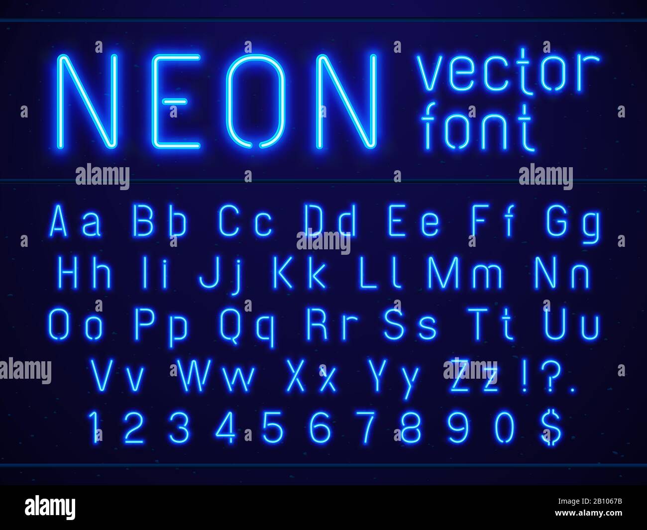 Leuchtend leuchtend blaue Neon-Buchstaben und -Zahlen. Unterhaltungsmöglichkeiten im Nachtleben, moderne Bars, Casino-beleuchtete Vektorschilder Stock Vektor