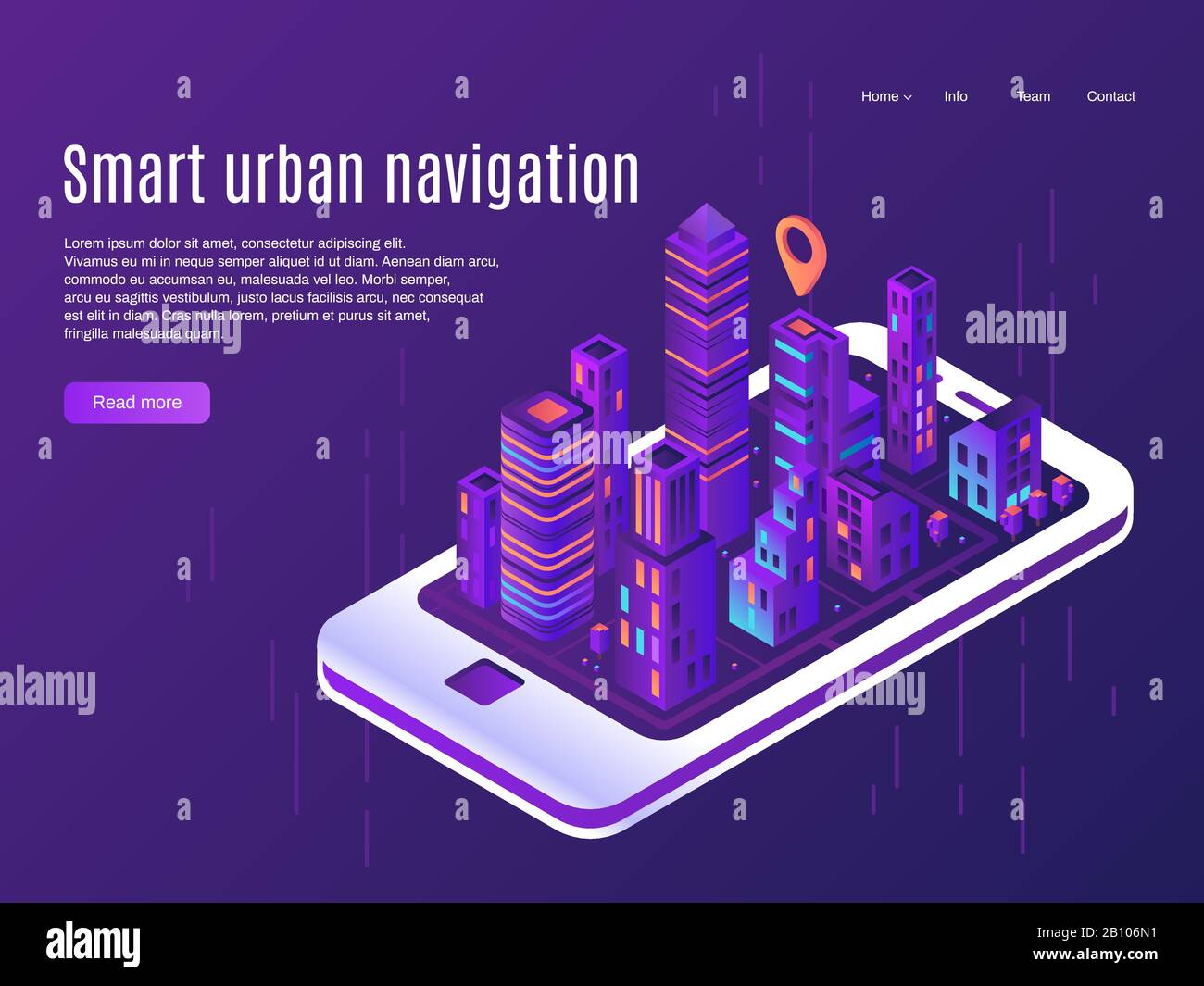 Intelligente Stadtnavigation. Stadtplanansicht auf Smartphone-Bildschirm, Gebäudestädte Straßenplan und Stadtplan Vektor-Landing-Page-Konzept Stock Vektor
