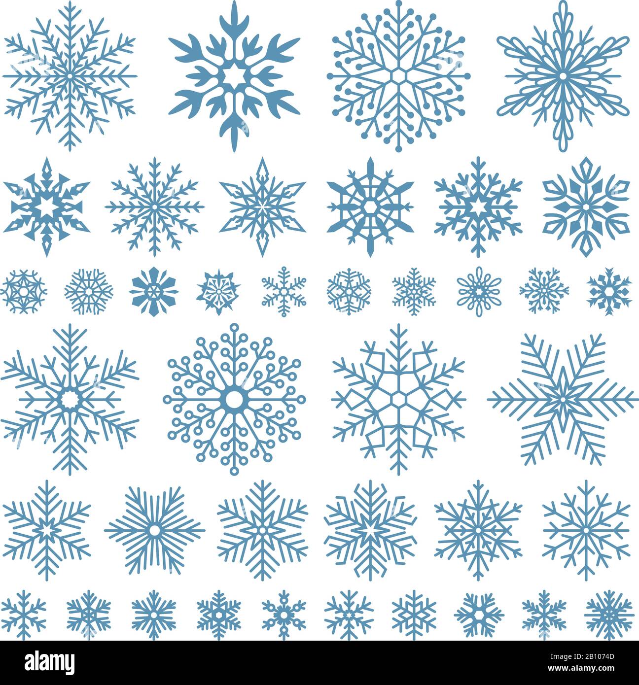 Flache Schneeflocken. Winter-Schneeflockenkristalle, weihnachtsschneeformen und mattierte, kühle Icon-Symbol-Symbolsatz Stock Vektor