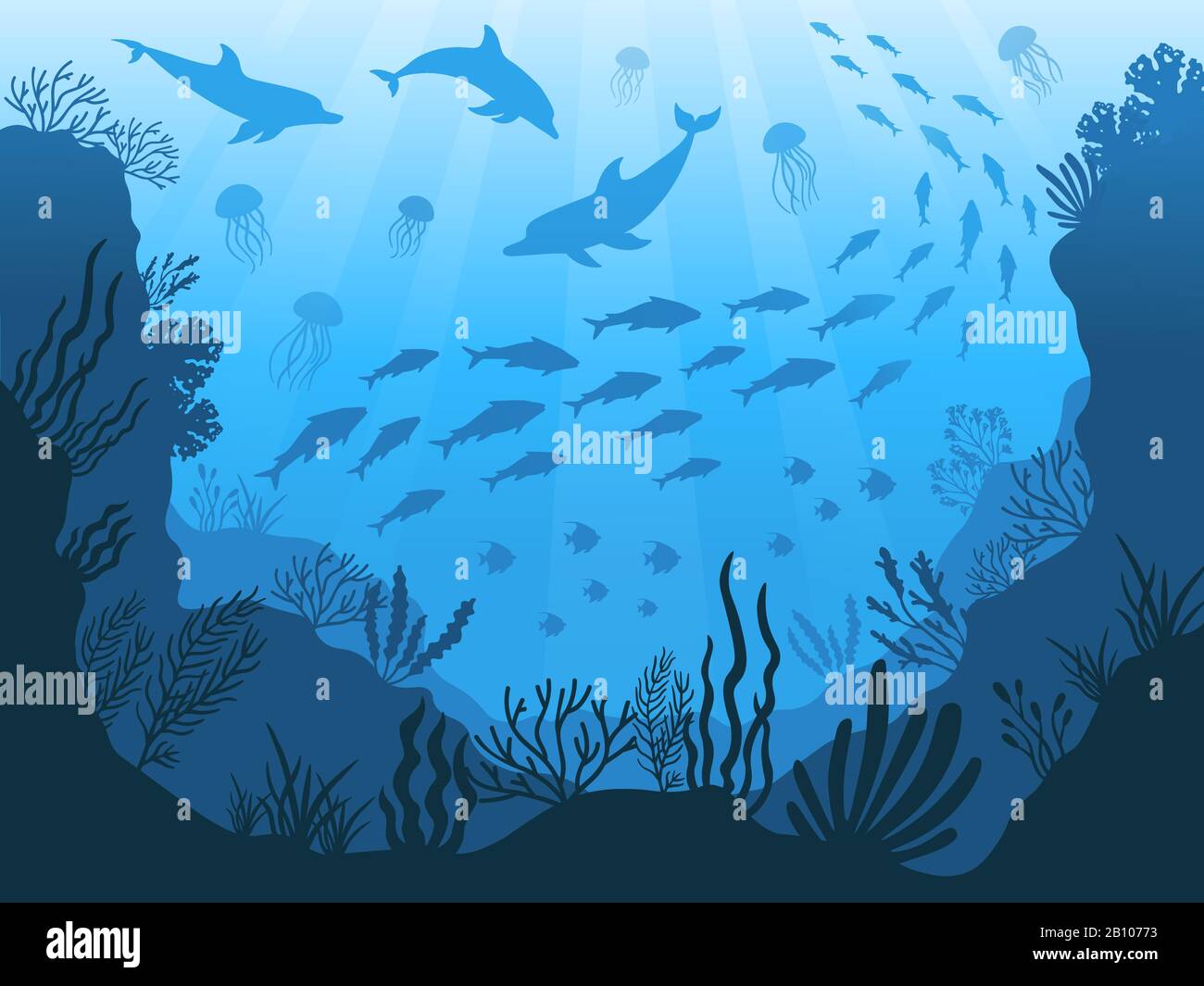 Unterwasserwelt des Ozeans. Tiefseepflanzen, Fische und Tiere. Hintergrundillustration für maritime Seetang, Fische und Tiersilhouette Stock Vektor