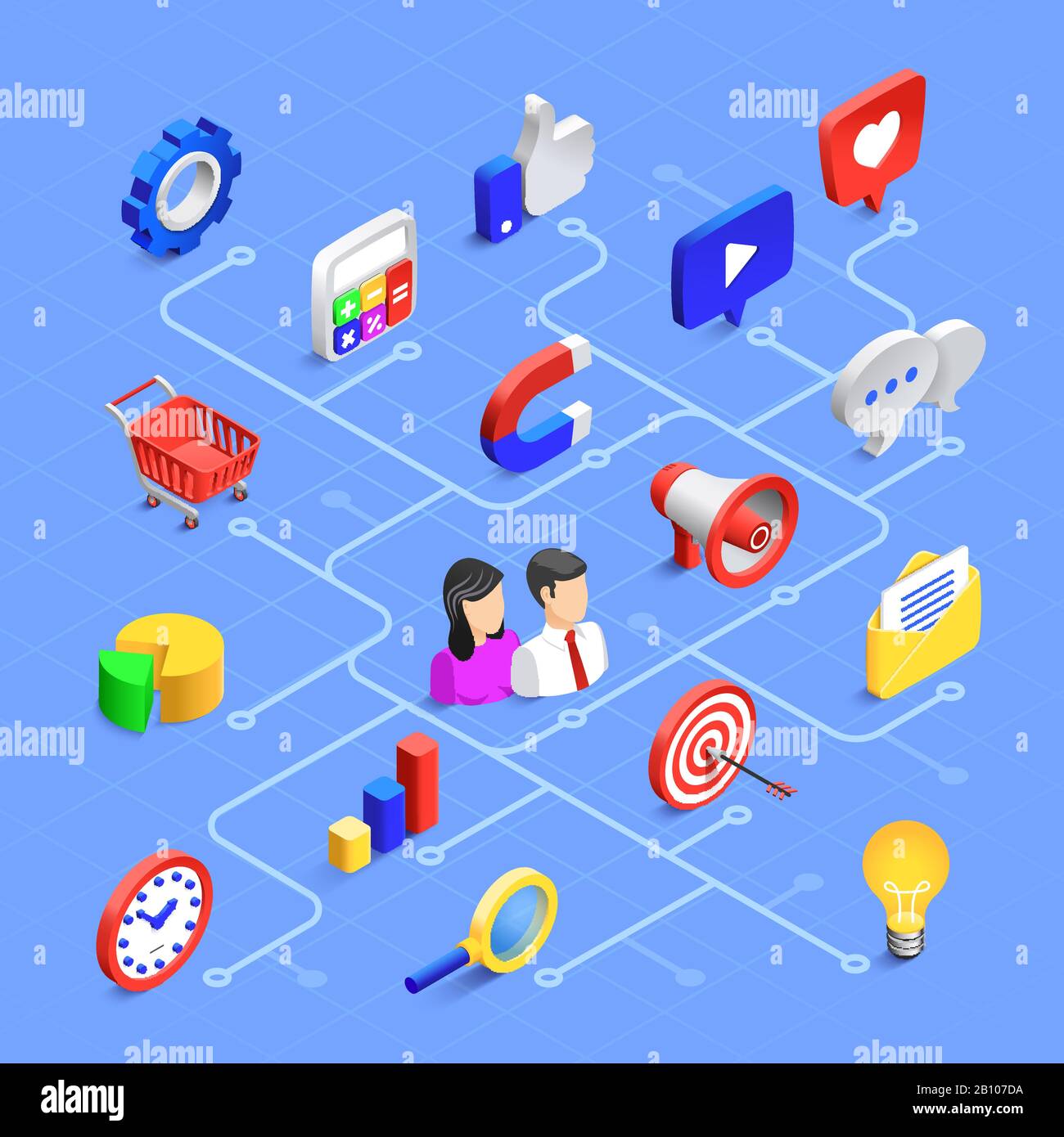 Isometrische Symbole für soziale Medien. Digitale Marketingkommunikation, Multimedia-Inhalte oder Informationsaustausch. Vector 3d-Symbolsatz Stock Vektor