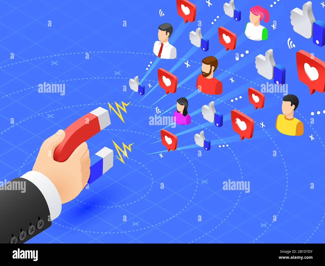 Marketing-Magnet, der Follower engagiert. Soziale Medien mögen und folgen dem Magnetismus. Einflussnehmer werben für die Darstellung von Strategievektoren Stock Vektor