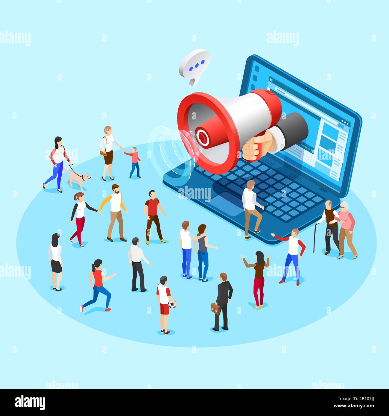 Marketing für Webwerbung. Werbung Social Media Megafon sendet Anzeigen von Laptop Bildschirm Vektor isometrische Konzeptabbildung Stock Vektor