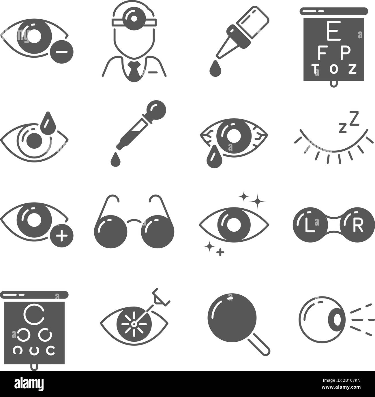 Optometrie-Symbole. Augen- und Brille, Sicht- und Linsenoptik, Zeichen für Laseroperationen. Vektorsymbole für die Augenheilkunde Stock Vektor