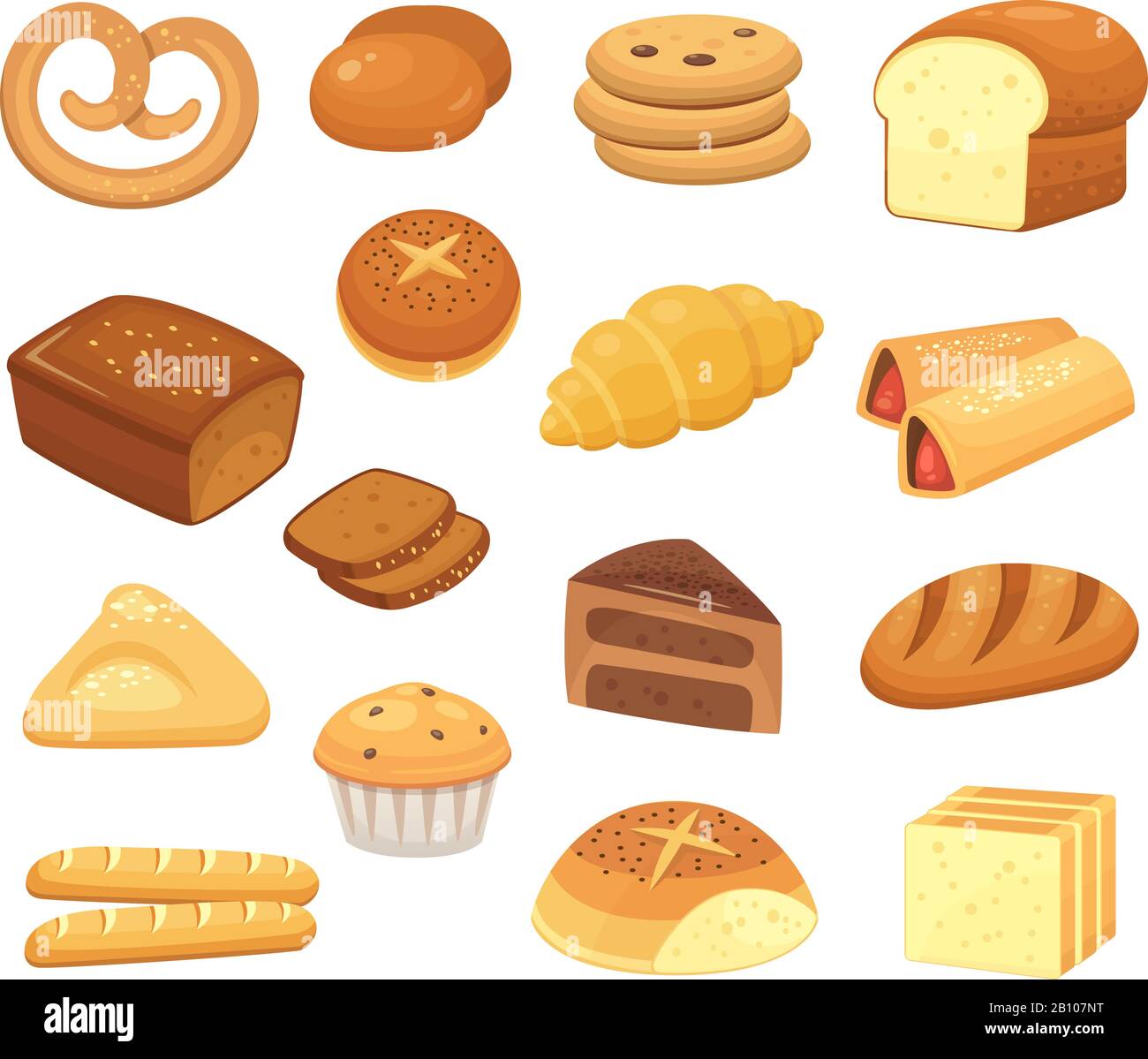 Cartoon-Brot-Symbol. Brot und Brötchen. Französisches Frühstück, Toast und süße Kuchenscheibe. Vektorsymbole für Backwaren festgelegt Stock Vektor