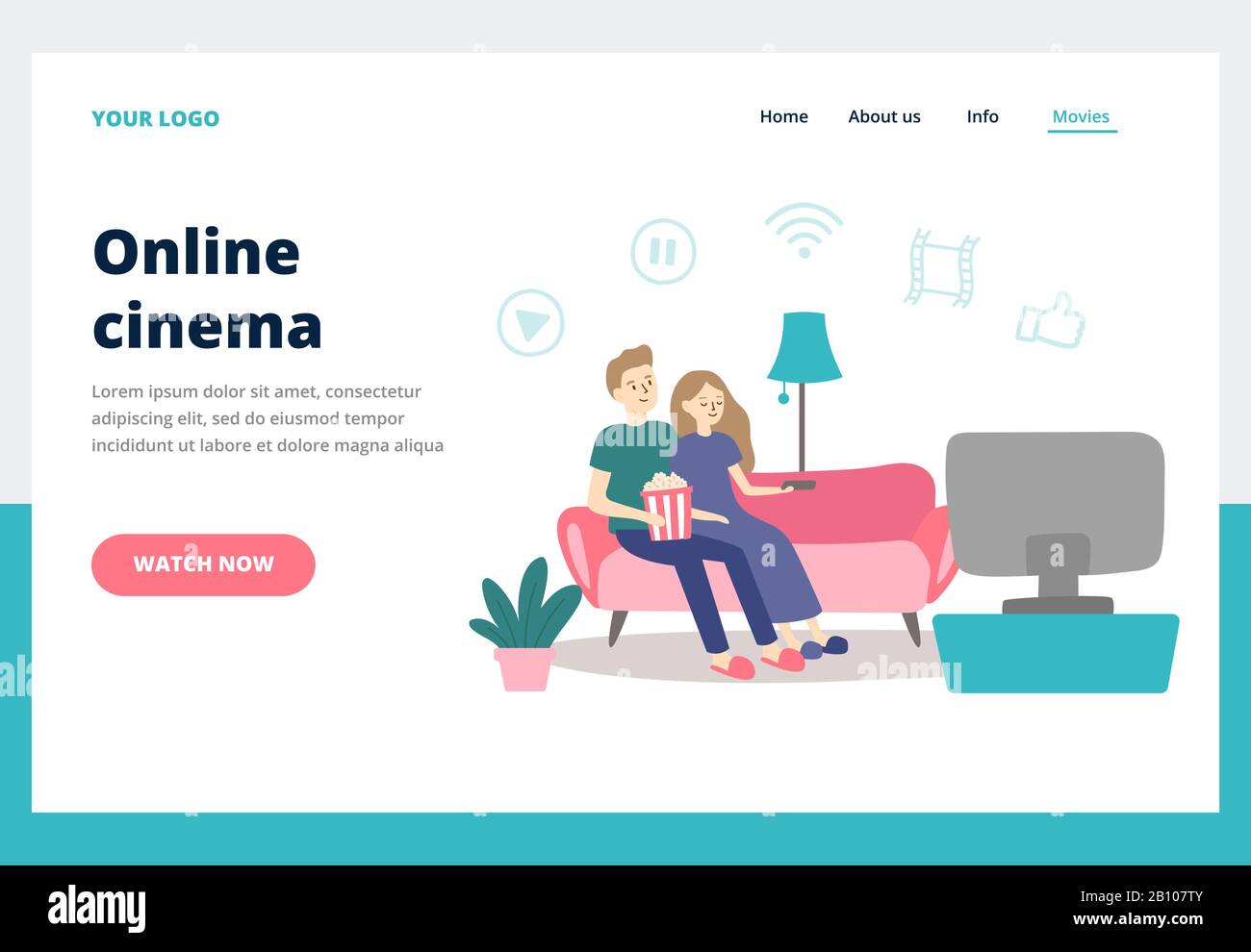 Paare, die Filme ansehen. Junger Mann und Frau sehen sich zu Hause Filme an. Online-Kino-Service Business Landing Page Vector Concept Stock Vektor