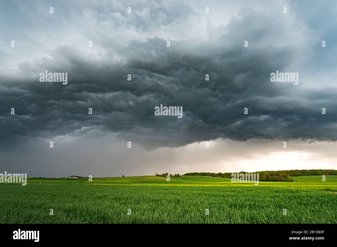 Turbulente Wolken (Whale's Mouth) unter Shelfcloud bei lich, Mittelhessen, Deutschland Stockfoto