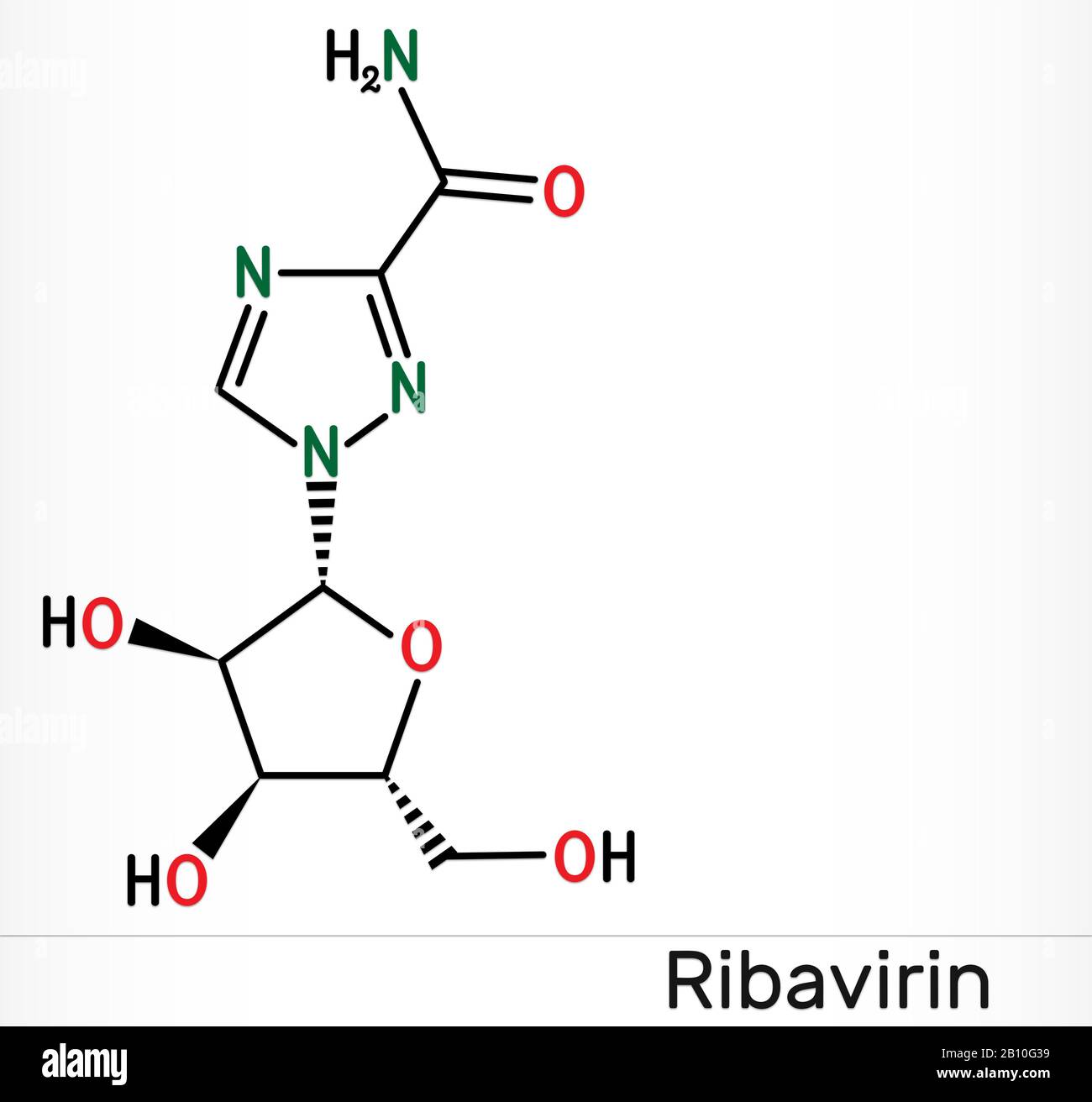 Ribavirin, Tribavirin, C8H12N4O5-Molekül. Es handelt sich um antivirale Medikamente zur Behandlung von RSV-Infektionen, Hepatitis C, einigen viralen hämorrhagischen Fieber, Coronavir Stockfoto