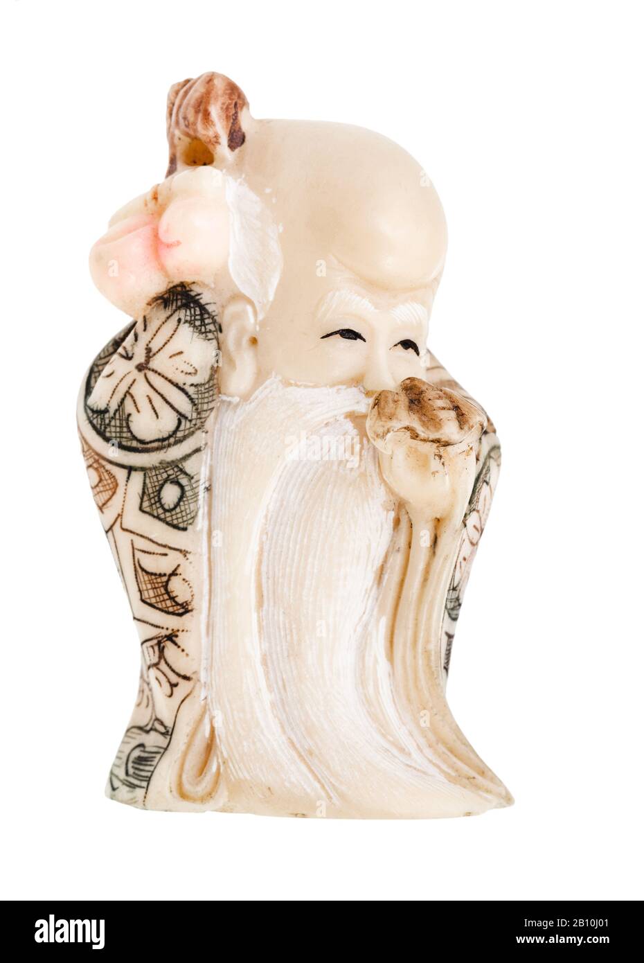 Typisch chinesische netsuke - Figur des Salbeimenschen isoliert auf weißem Hintergrund Stockfoto