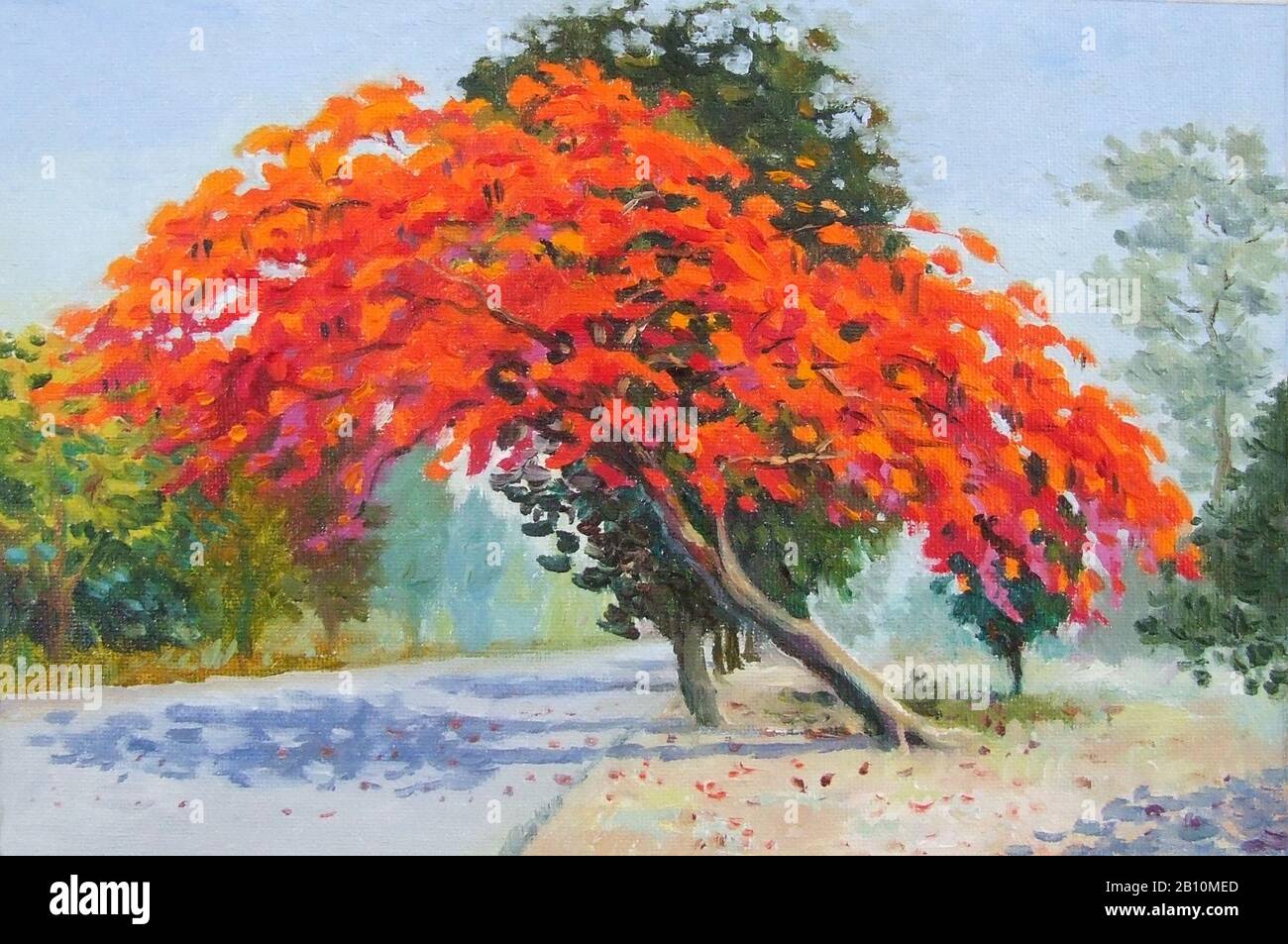 Ölfarbengemälde Landschaft Original bunt von Pfauenblumen Baum am Straßenrand und Sonnenschein im blauen Hintergrund Stockfoto