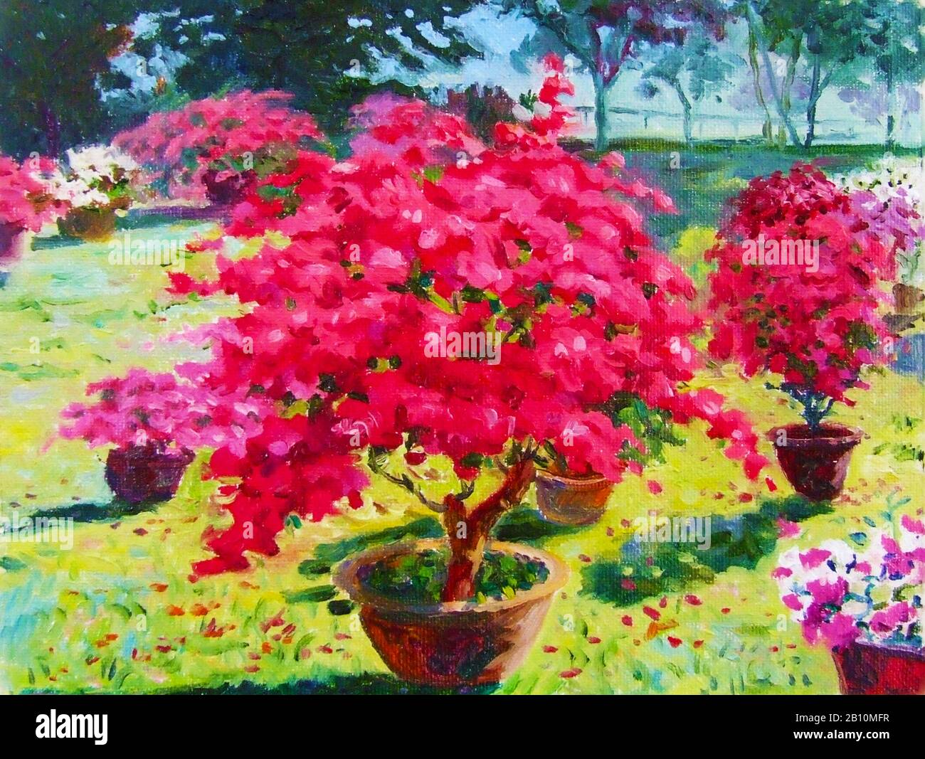 Ölfarbe malen Landschaft Original bunt von Papierblumen-Baum und Emotionen am Garten im Himmelshintergrund Stockfoto