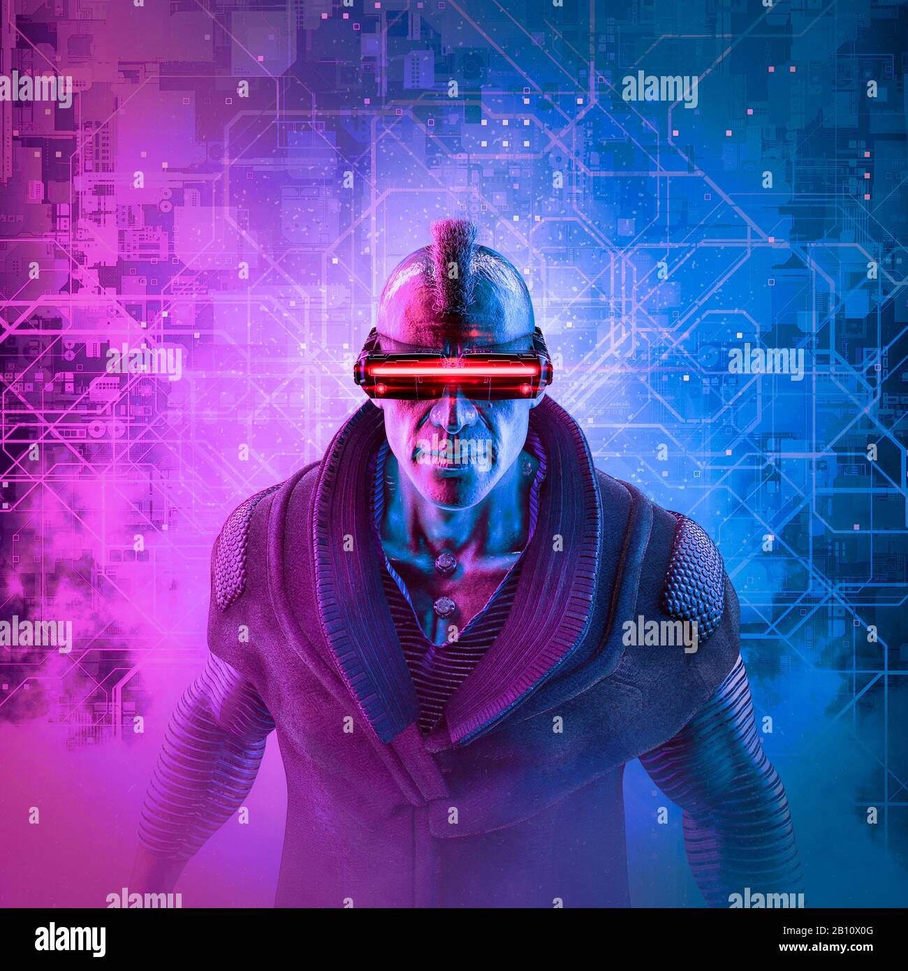 Cyberpunk Mohawk man/3D-Illustration von männlichen Science-Fiction-Figuren, die futuristische Brillen auf abstraktem technischem Hintergrund tragen Stockfoto