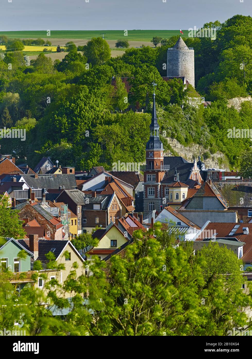 Blick über Camburg mit Rathausturm und Schloss, Thüringen, Deutschland Stockfoto