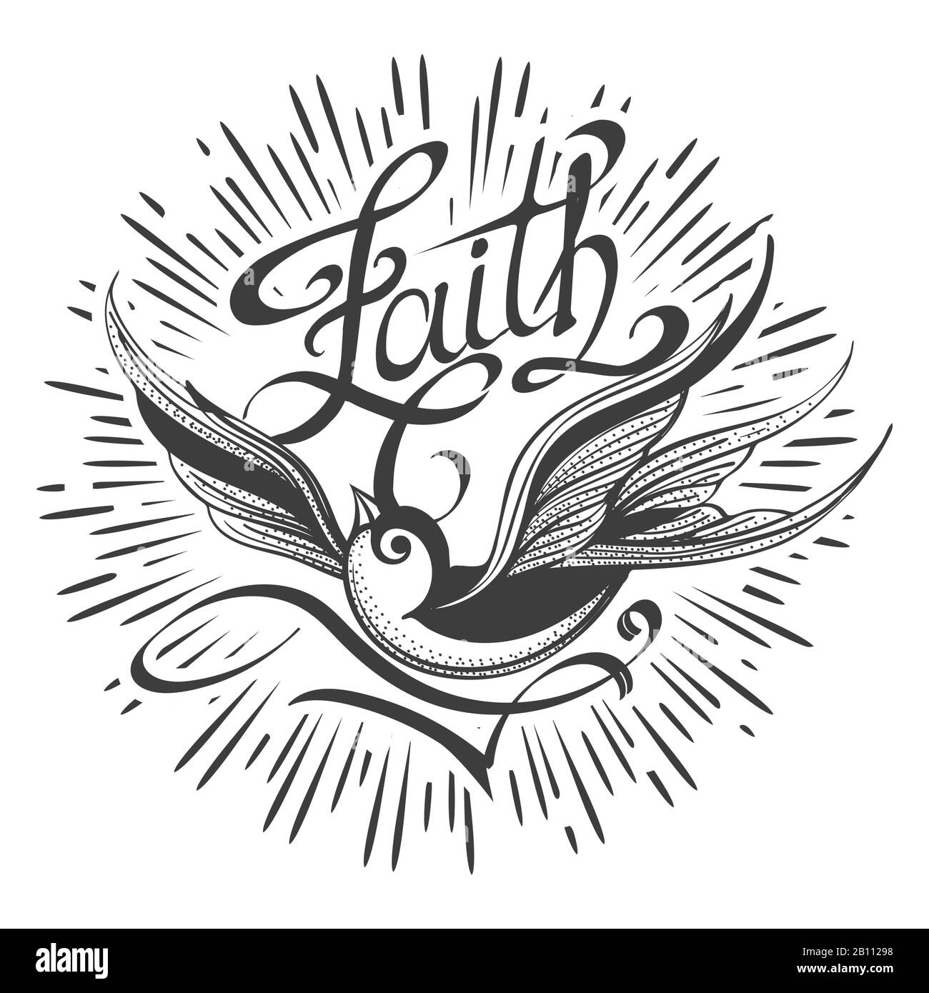 Fliegende Schwalbe und handgemachte Schriftzüge Faith Retro Tattoo. Vektorgrafiken. Stock Vektor