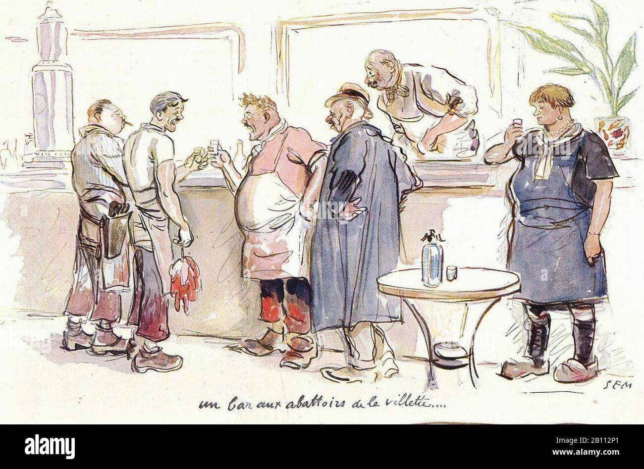 UN bar aux Schlachthöfe - Illustration von Sem (Georges Goursat von den Jahren zwischen den Jahren zwischen den Jahren zwischen den Jahren zwischen den Jahren zwischen den Jahren 2100-1934) Stockfoto