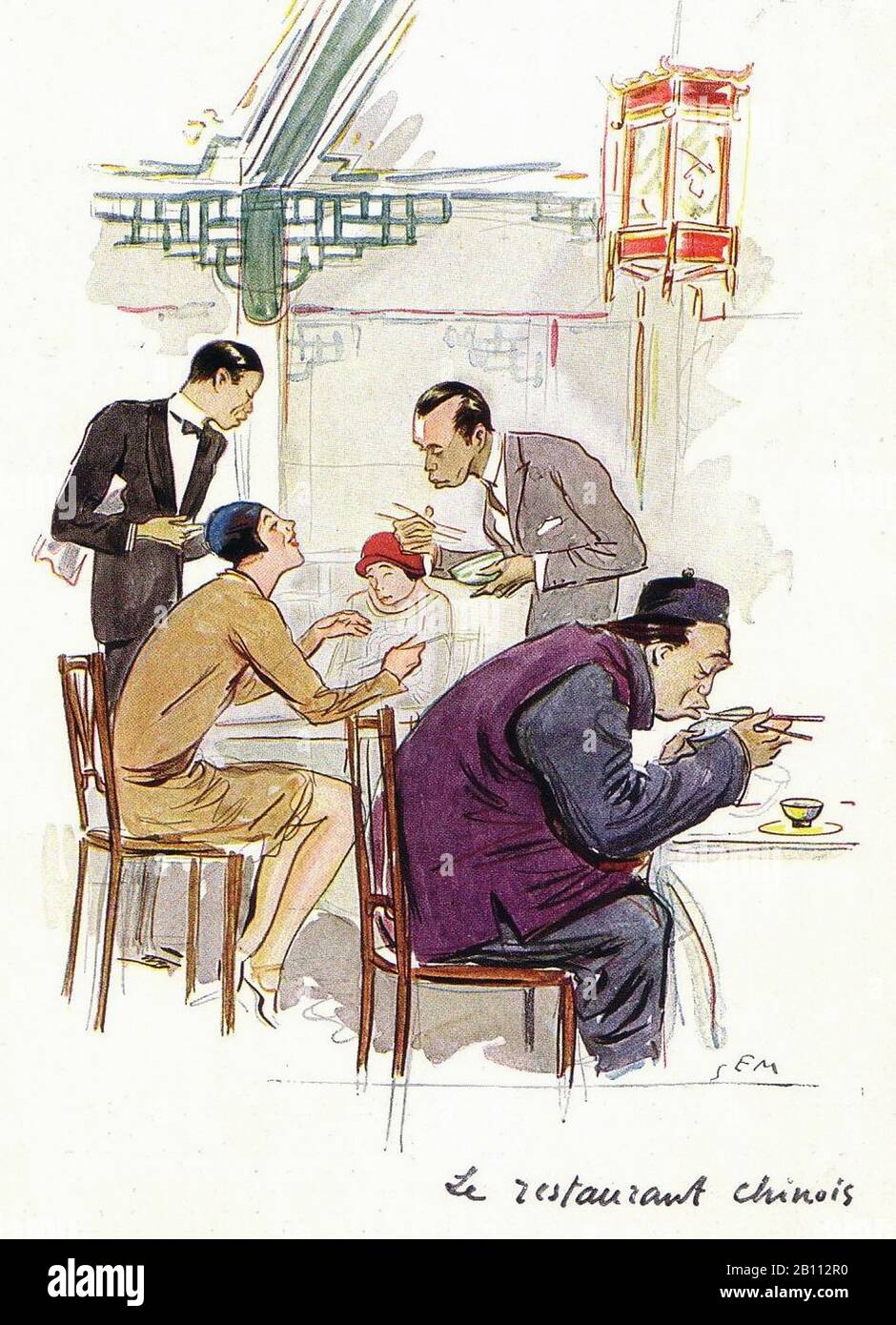 Le Restaurant Chinois - Illustration von SEM (Georges Goursat von den Jahren zwischen den Jahren zwischen den Jahren zwischen den Jahren zwischen den Jahren von der Gründung der SEM) Stockfoto