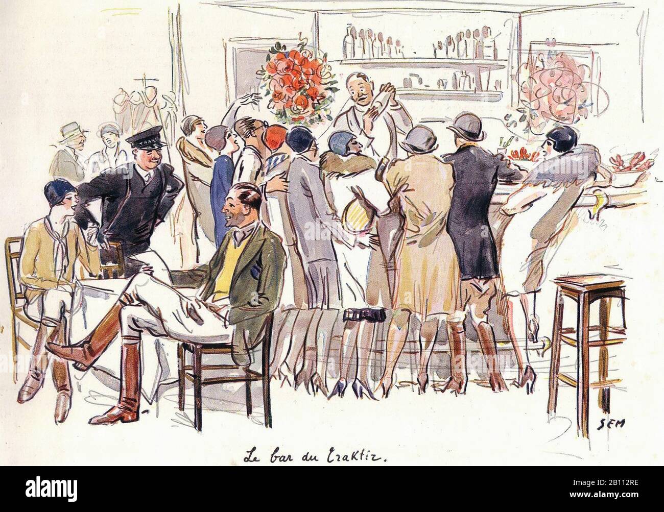 Le bar du Craktiz - Illustration von SEM (Georges Goursat von den Jahren zwischen den Jahren zwischen den Jahren zwischen den Jahren zwischen den Jahren zwischen den Jahren von und 1934) Stockfoto