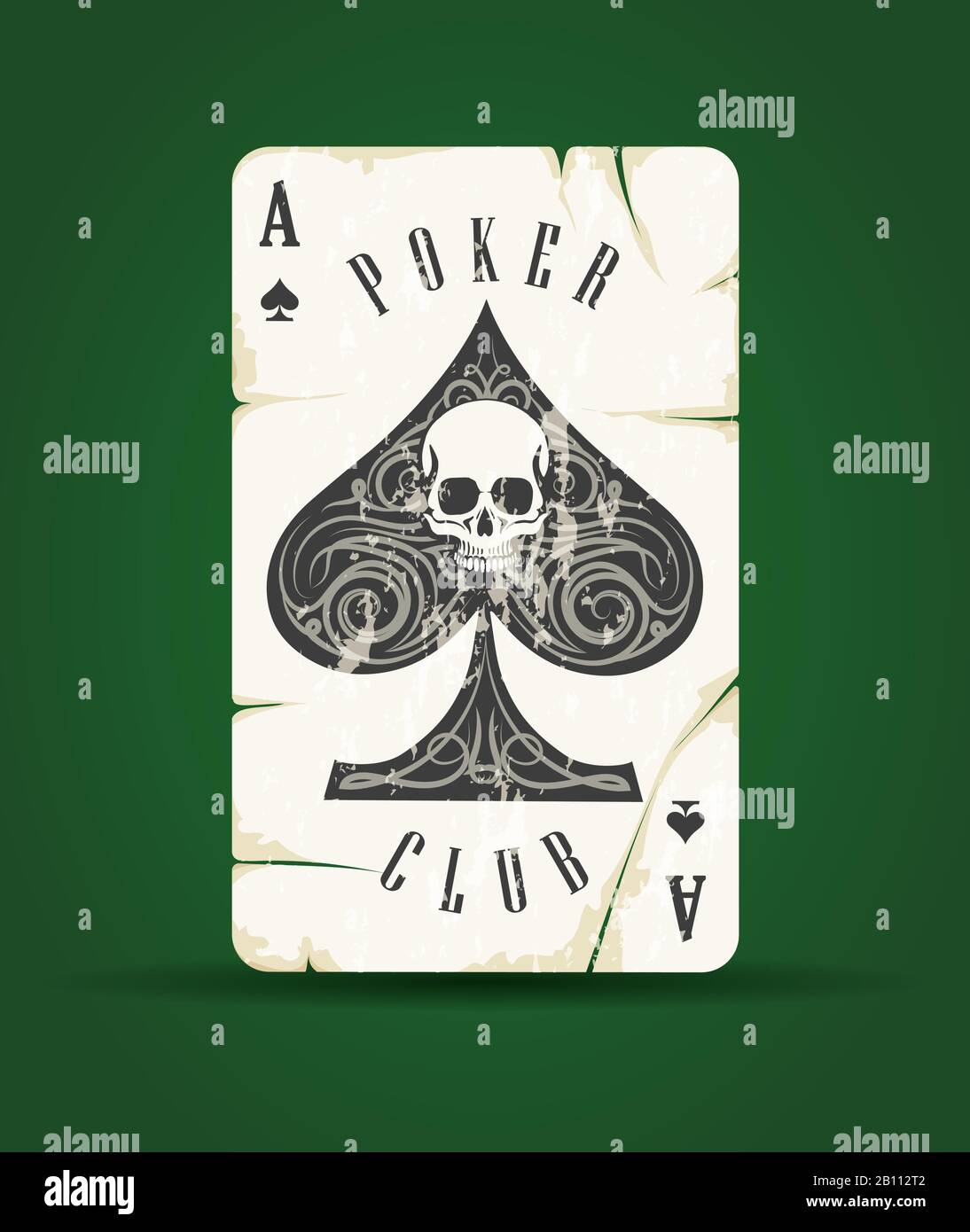 ACE of Spades mit Skull Poker Club Emblem auf grünem Hintergrund. Vektorgrafiken. Stock Vektor