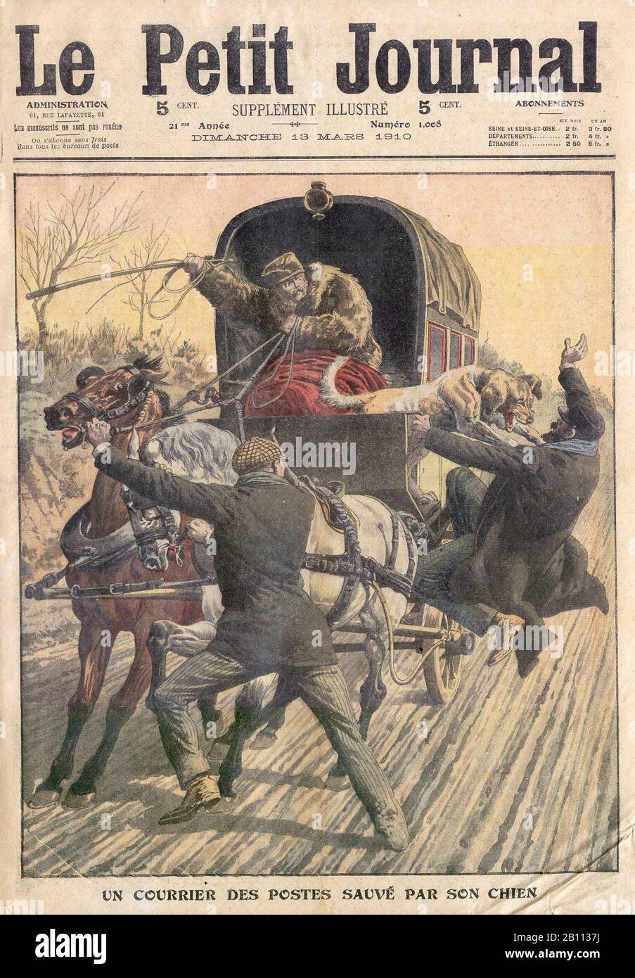 UN COURRIER des POSTES SAUVÉ PAR SON CHIEN - EINE VON SEINEM HUND RETTETE POST - In der französischen Illustrierten Zeitung "Le Petit Journal" - 1910 Stockfoto