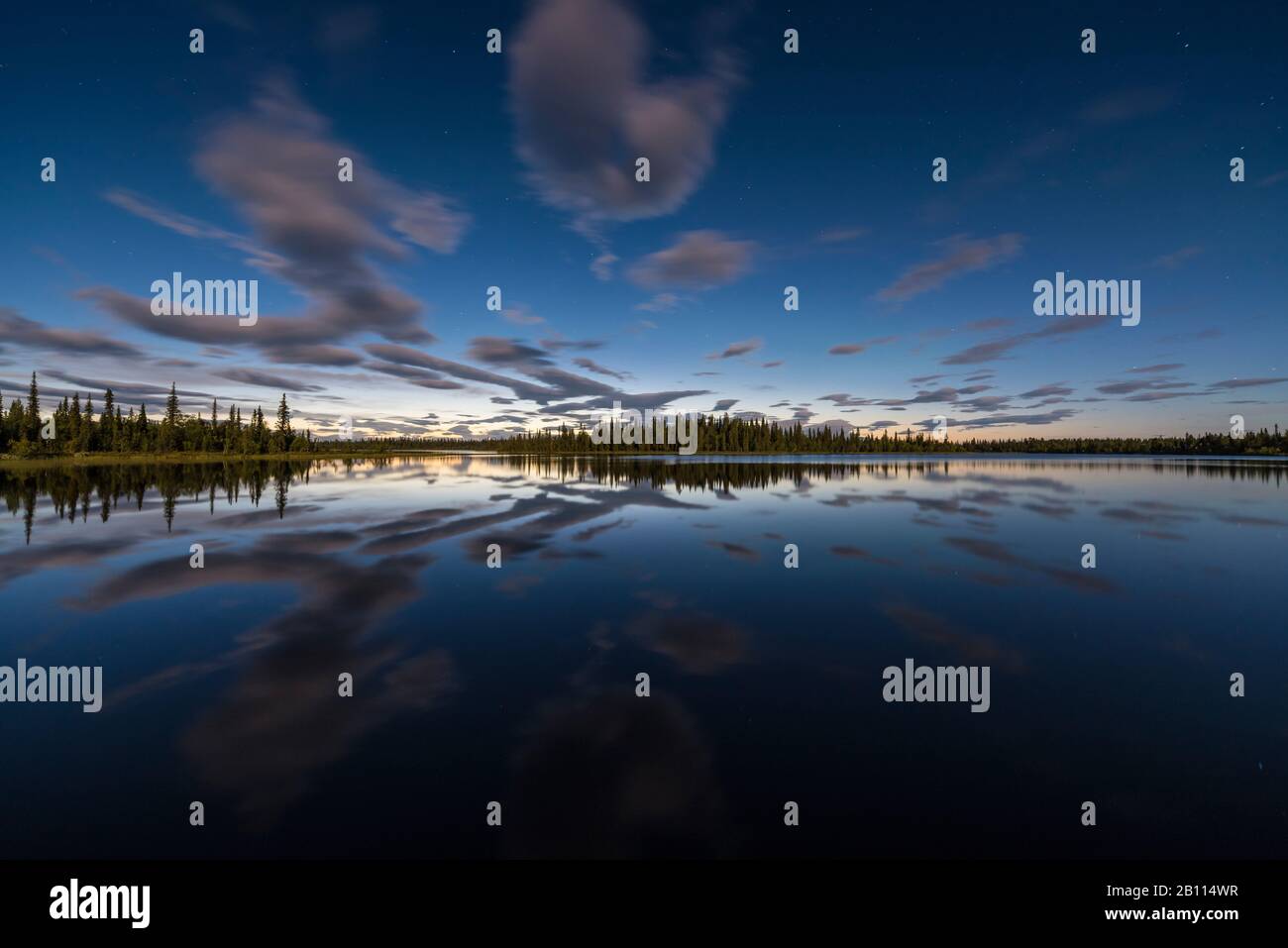 Mondnacht im Naturreservat Sjaunja, Schweden, Lappland, Norrbotten, Naturreservat Sjaunja Stockfoto