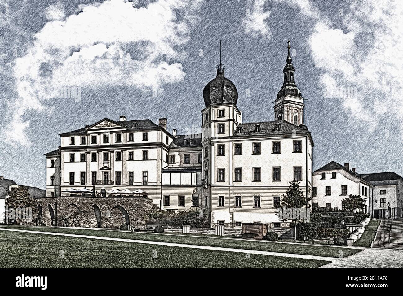 Das untere Schloss neben der St. Marys Kirche. Das Königspalast war Sitz der Königslinie von Reuss, Greiz, Thüringen, Deutschland, Europa Stockfoto