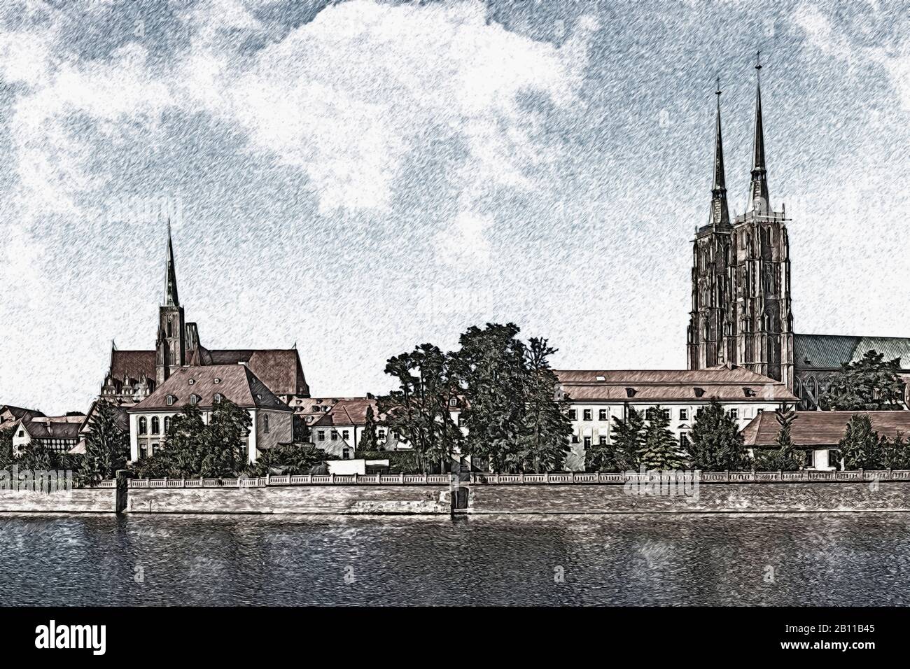 Auf der Dominsel befinden sich die Kreuzkirche (links) und der Breslauer Dom (rechts), Wroclaw, die Wojewodschaft Niedermösien, Polen, Europa Stockfoto