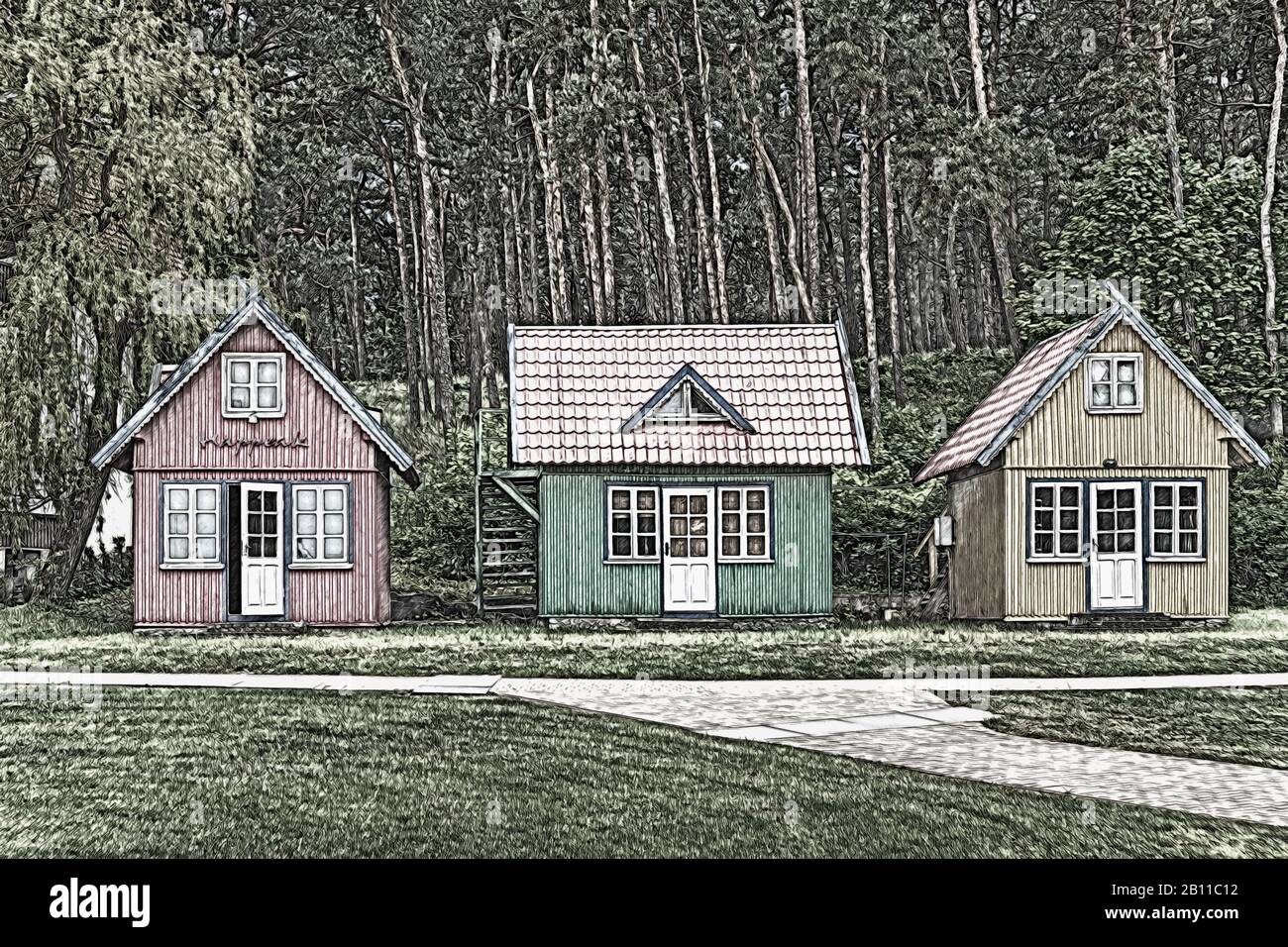 Drei bunte Holzhäuser im Zentrum von Nida (Nidden), Neringa, Kurische Nehrung, Litauen, Baltische Staaten, Europa Stockfoto