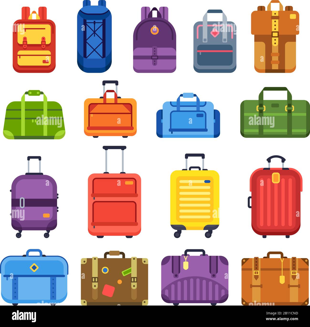 Gepäckkoffer. Handgriff für Reisetasche, Gepäckrucksack und Business-Koffer isoliertes flaches Vektor-Set Stock Vektor