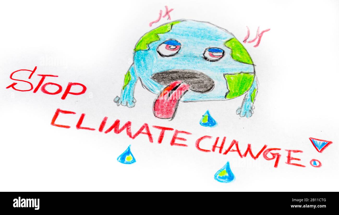 Stoppen SIE DEN KLIMAWANDEL Cartoon gemalt Stockfoto