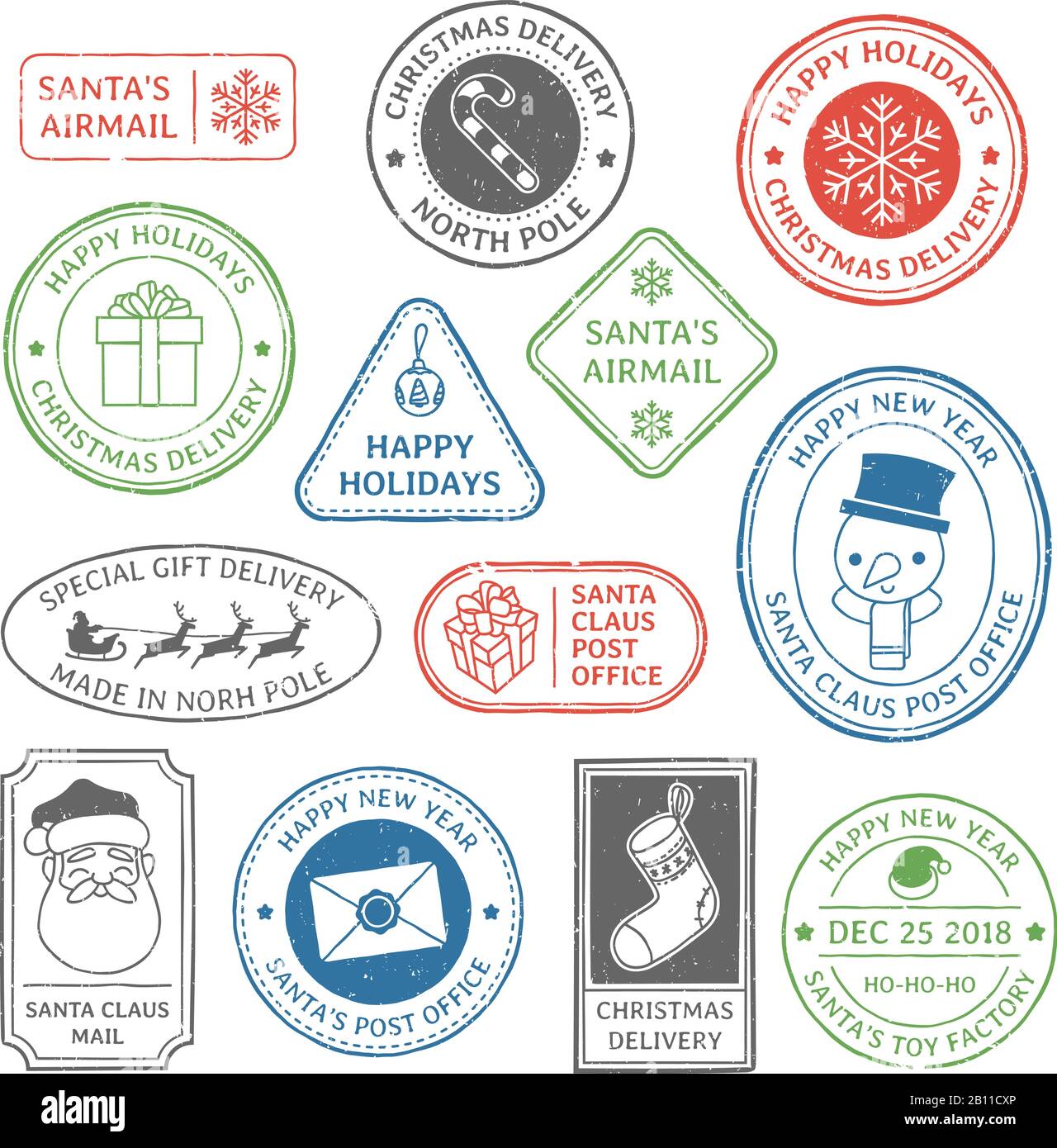 Weihnachtsmann Poststempel. Weihnachtsbriefmarken, Poststempel Nordpol und Postwertzeichen Weihnachtskarte Etikett Vektor gesetzt Stock Vektor