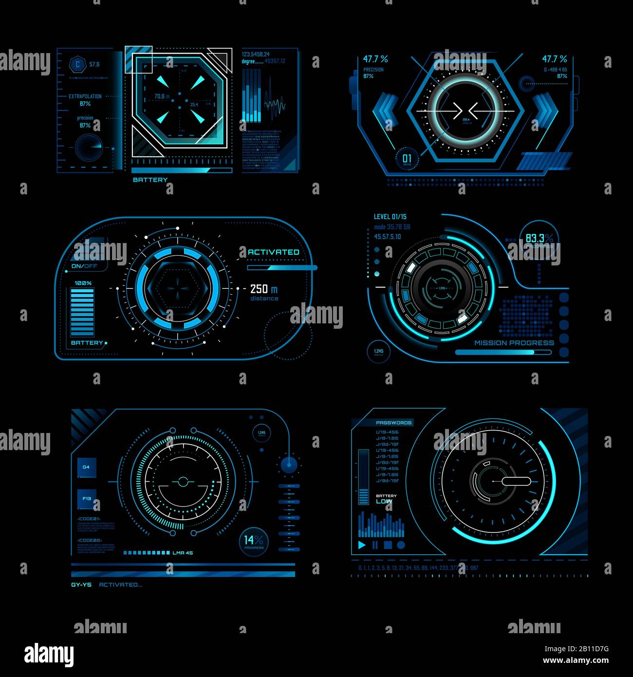 Futuristischer virtueller Bildschirm. Überwachung des hud-Panelrahmens mit Verfolgungsziel. Computersysteme zeigen den Vektorkonzeptsatz des technischen Prozessdiagramms an Stock Vektor
