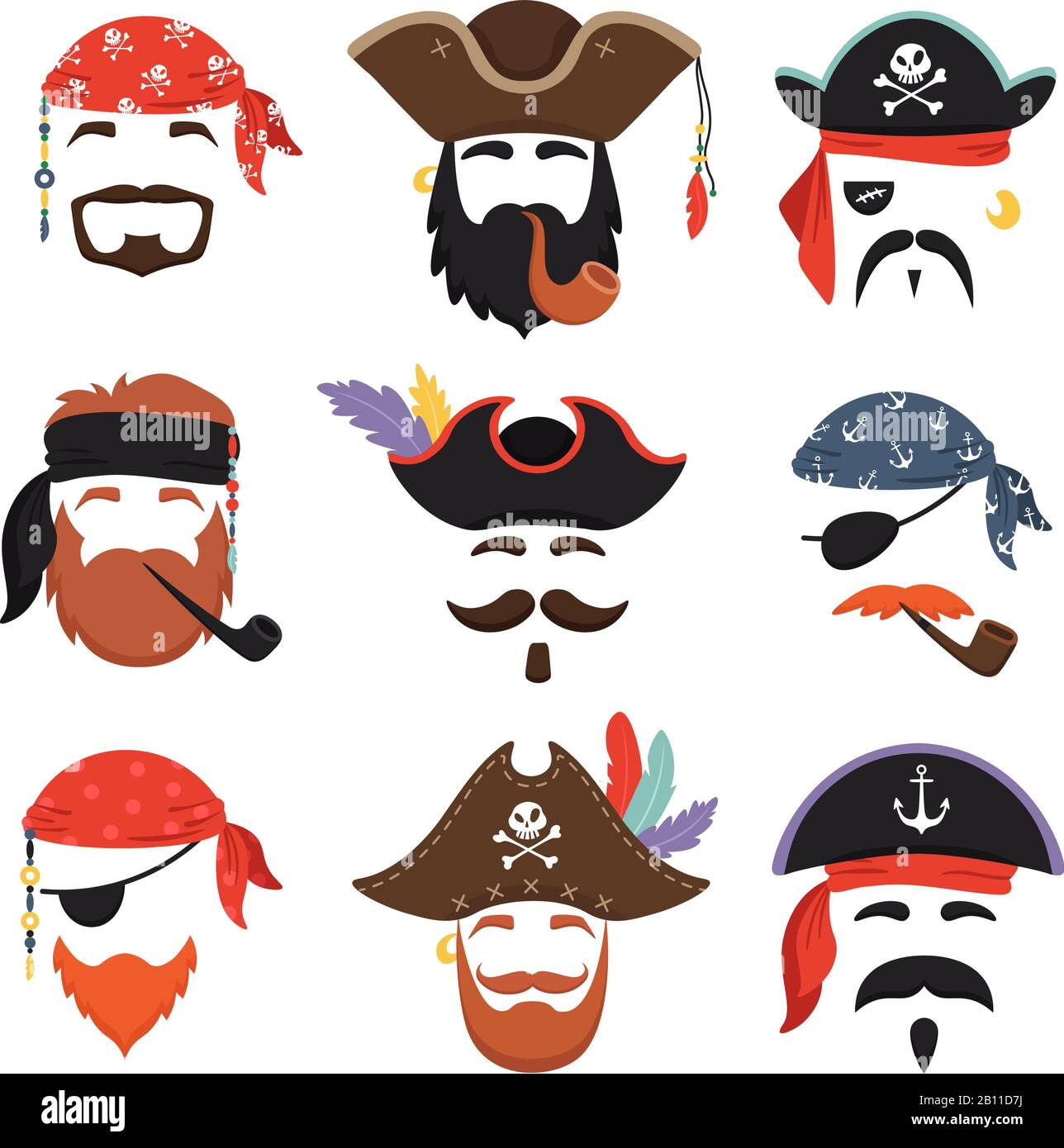 Karnevals-Piratenmaske. Lustige Seepiraten Hüte, Journey Bandana mit Dreadlocks Haar und Rauchrohr isolierte Masken Vektor-Set Stock Vektor