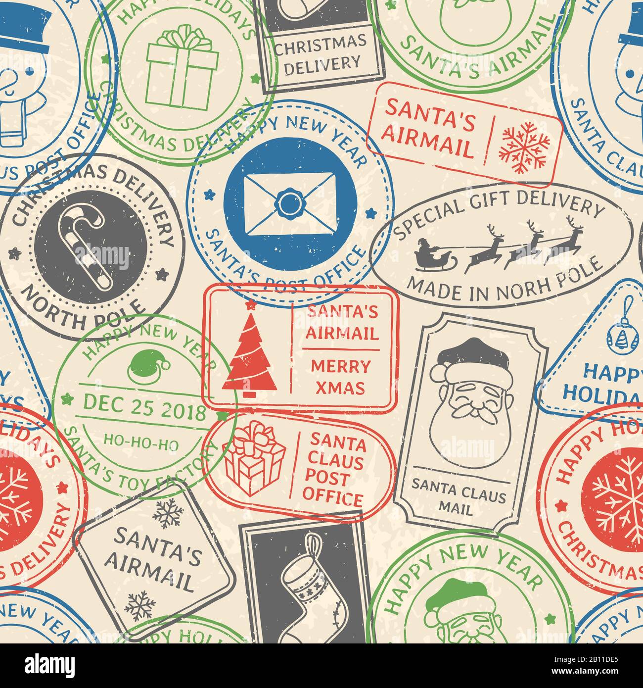 Postmuster für Weihnachten. Weihnachtsmann Postmark Cachet, Winterurlaub Briefmarken Briefmarken und Nordpol Briefmarken Vektorhintergrund Stock Vektor