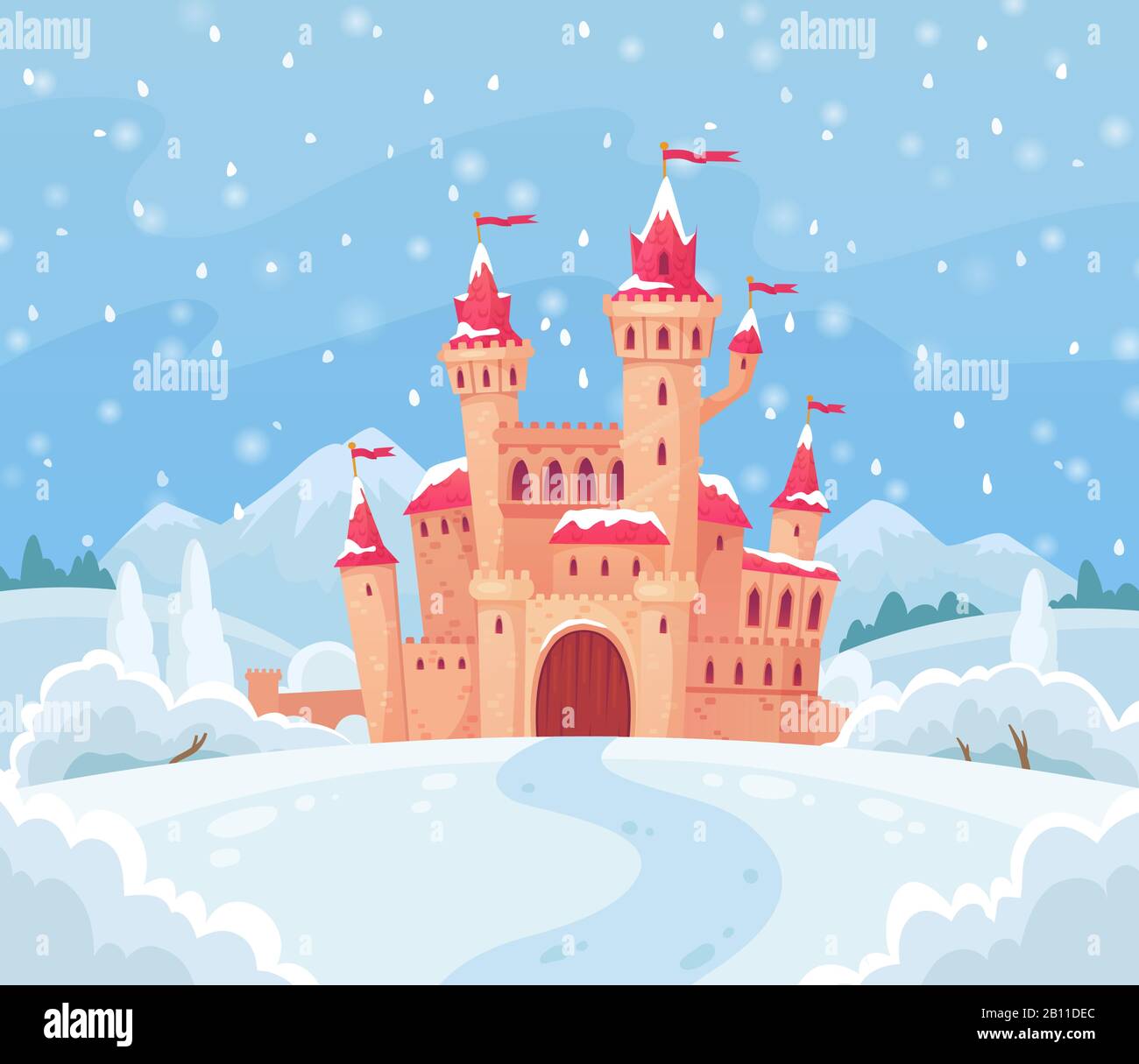 Märchen Winterburg. Zauberhafte verschneite Landschaft mit mittelalterlichen Cartoon-Vektor-Hintergrund-Illustration Stock Vektor