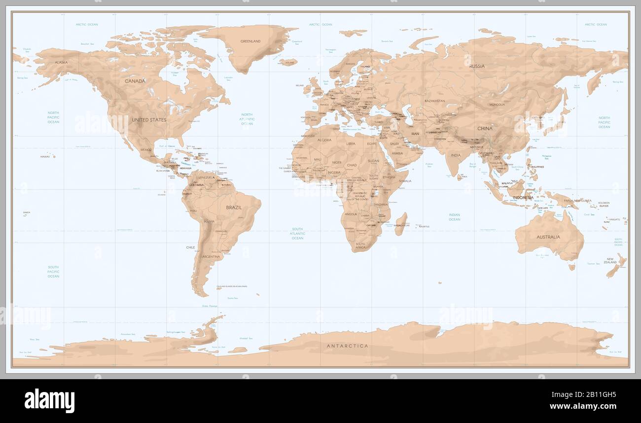 Karte der Vintage-Welt. Retro Ländergrenzen auf topografischer oder maritimer Karte. Navigationskarten der alten Kontinente Vektorgrafiken Stock Vektor