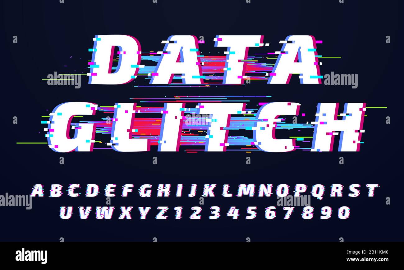 Glitch-Schrift. Digitales glitzertes Alphabet, Buchstaben auf Spielbildschirm und zerbrochenes Vektor-Set mit alten Display-Schriftzügen Stock Vektor