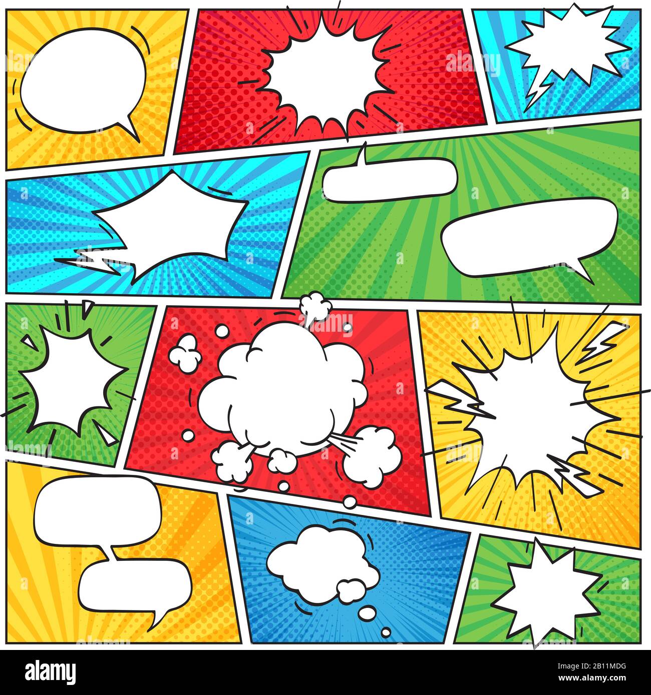 Comic-Seitenlayout. Lustige Comics gestreifte Scrapbook-Seite mit Rauchwolken und Sprechblasen retro Hintergrundvektor-Layoutvorlage Stock Vektor