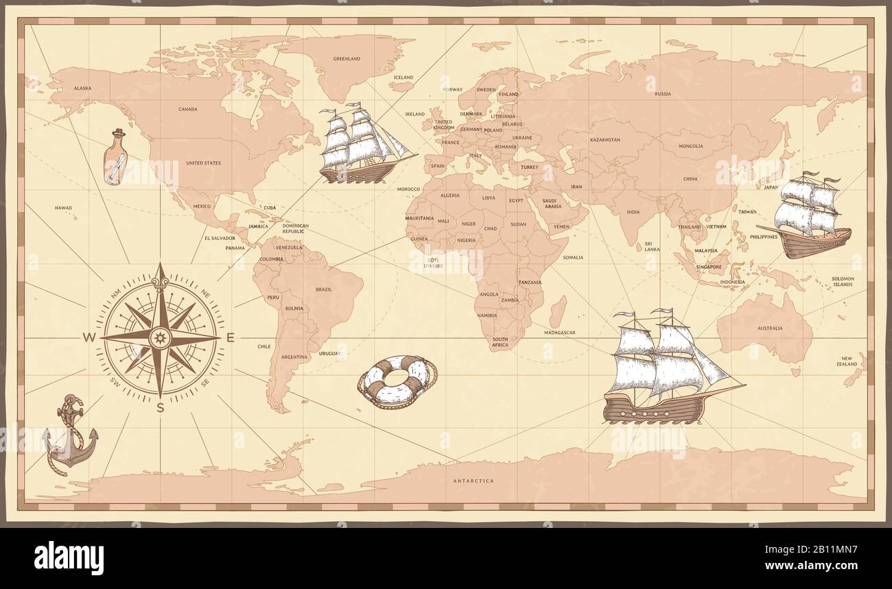 Antike Weltkarte. Vintage-Kompass und Retro-Schiff auf uralter Meereskarte. Vektorgrafiken für alte Länder Stock Vektor