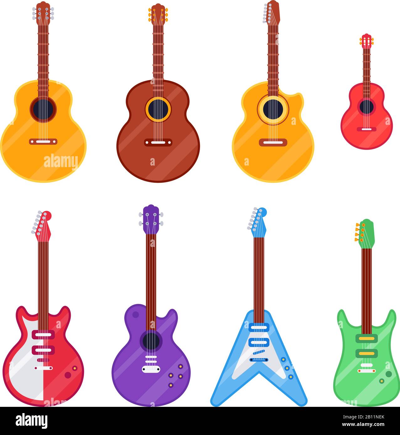 Flaches Gitarreninstrument. Ukulele, akustische Klassik und Rock E-Gitarren. String-Musikinstrumente isolierter Vektor-Cartoon-Satz Stock Vektor