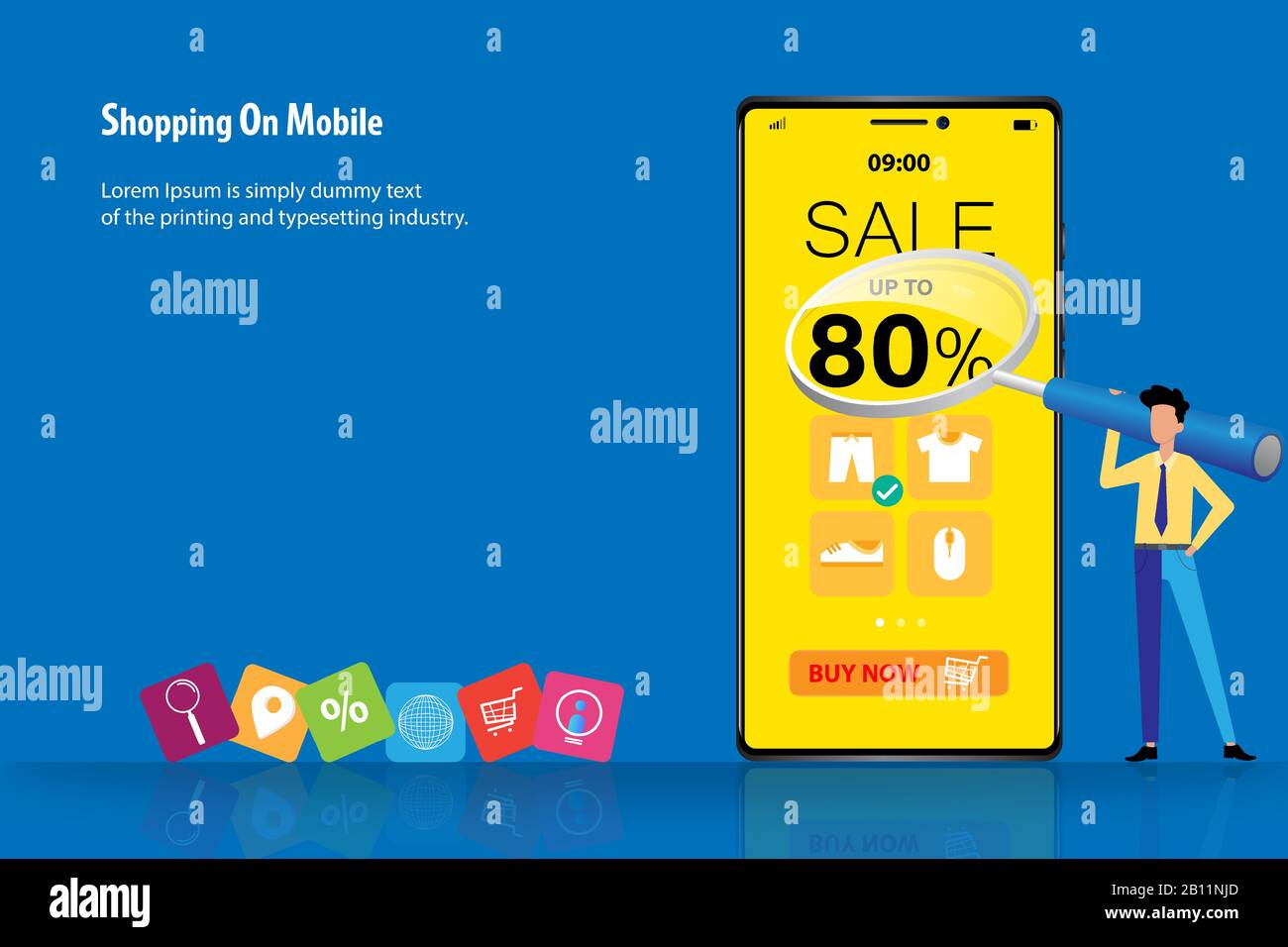 Geschäftskonzept des Online-Einkaufs auf dem Handy, Unternehmer halten eine große Lupe, um die Zahl der Rabatt 80% auf die screenใ Stock Vektor