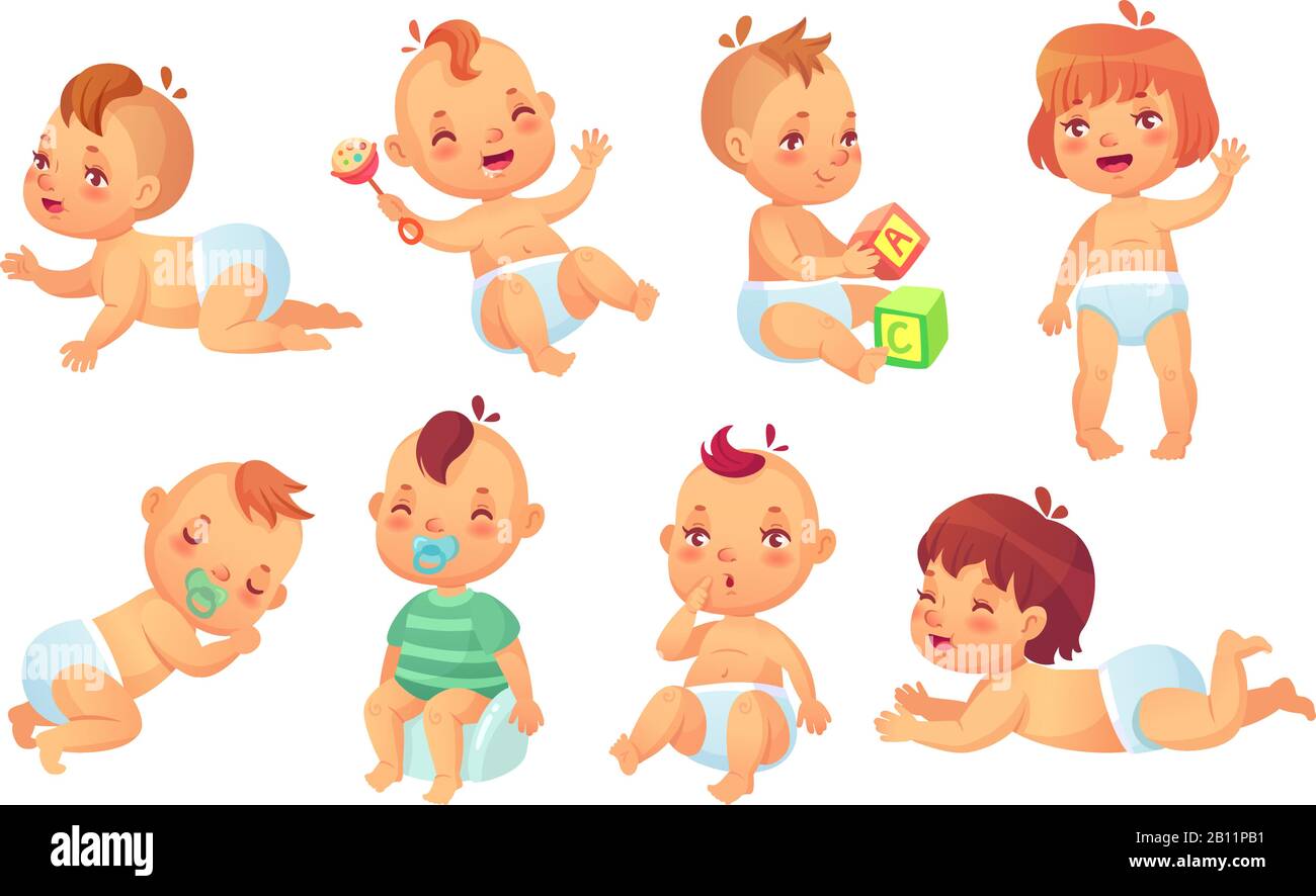 Süßes Baby. Fröhliche Cartoon-Babys, lächelnde und lachende Kleinkinder, isolierter Vektorzeichensatz Stock Vektor