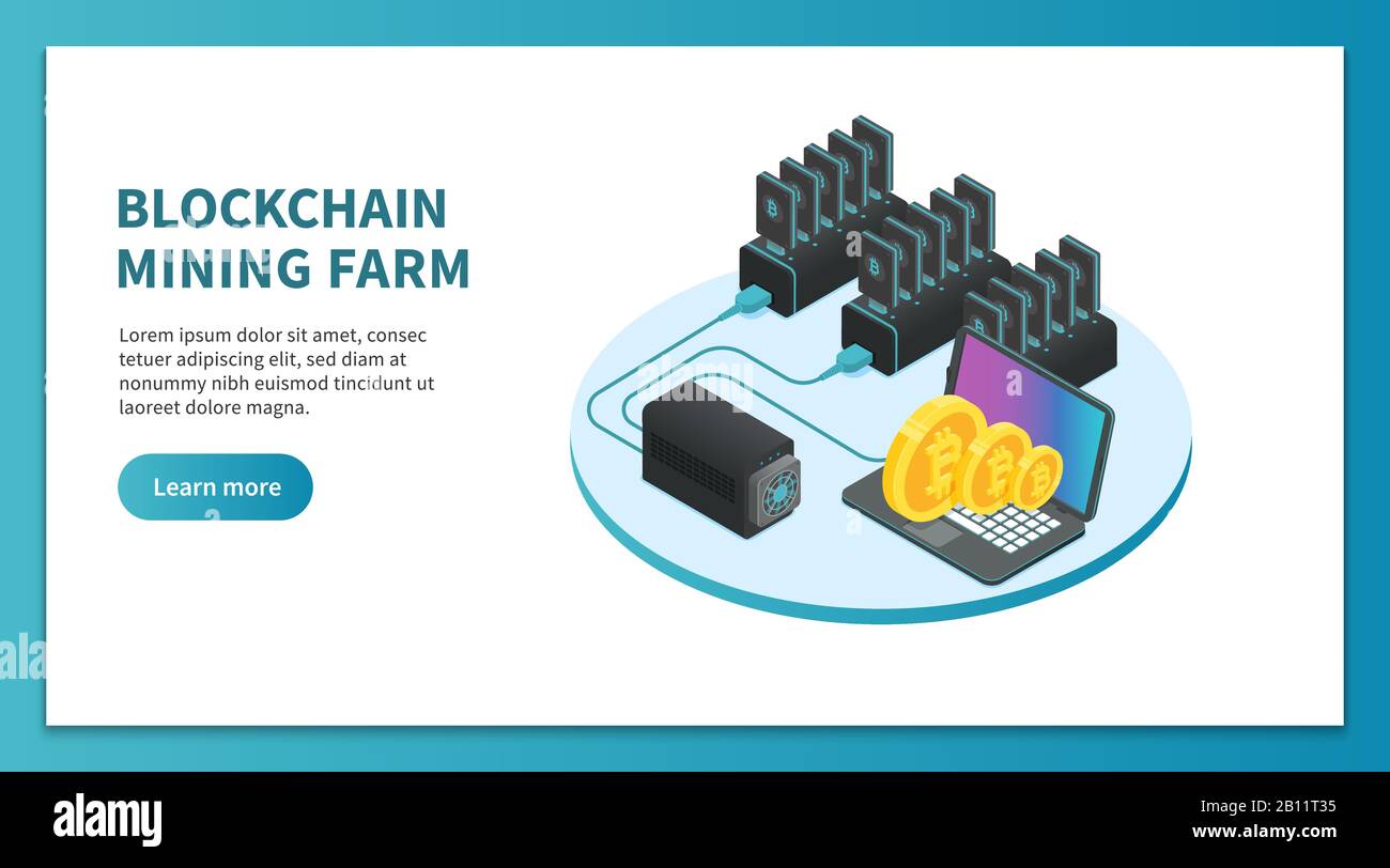 Bitcoin Mining isometrisches Konzept. Cryptocurrency Mining Farm, Bitcoin Marktplattform. Landing Page für Kryptogeschäfte Stock Vektor