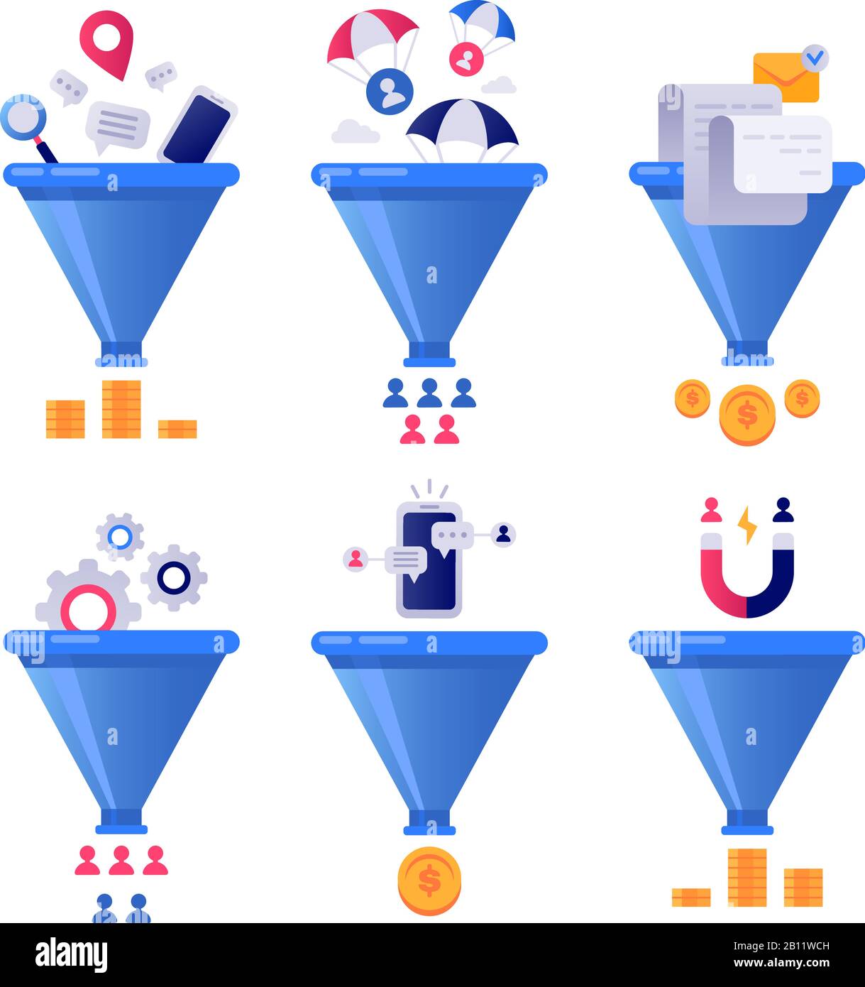 Umsätze mit Trichtergenerierung. Business Lead Generations, Mail Sortierer Trichter und Pipeline Sale Optimierung Vector Concept Illustration Set Stock Vektor