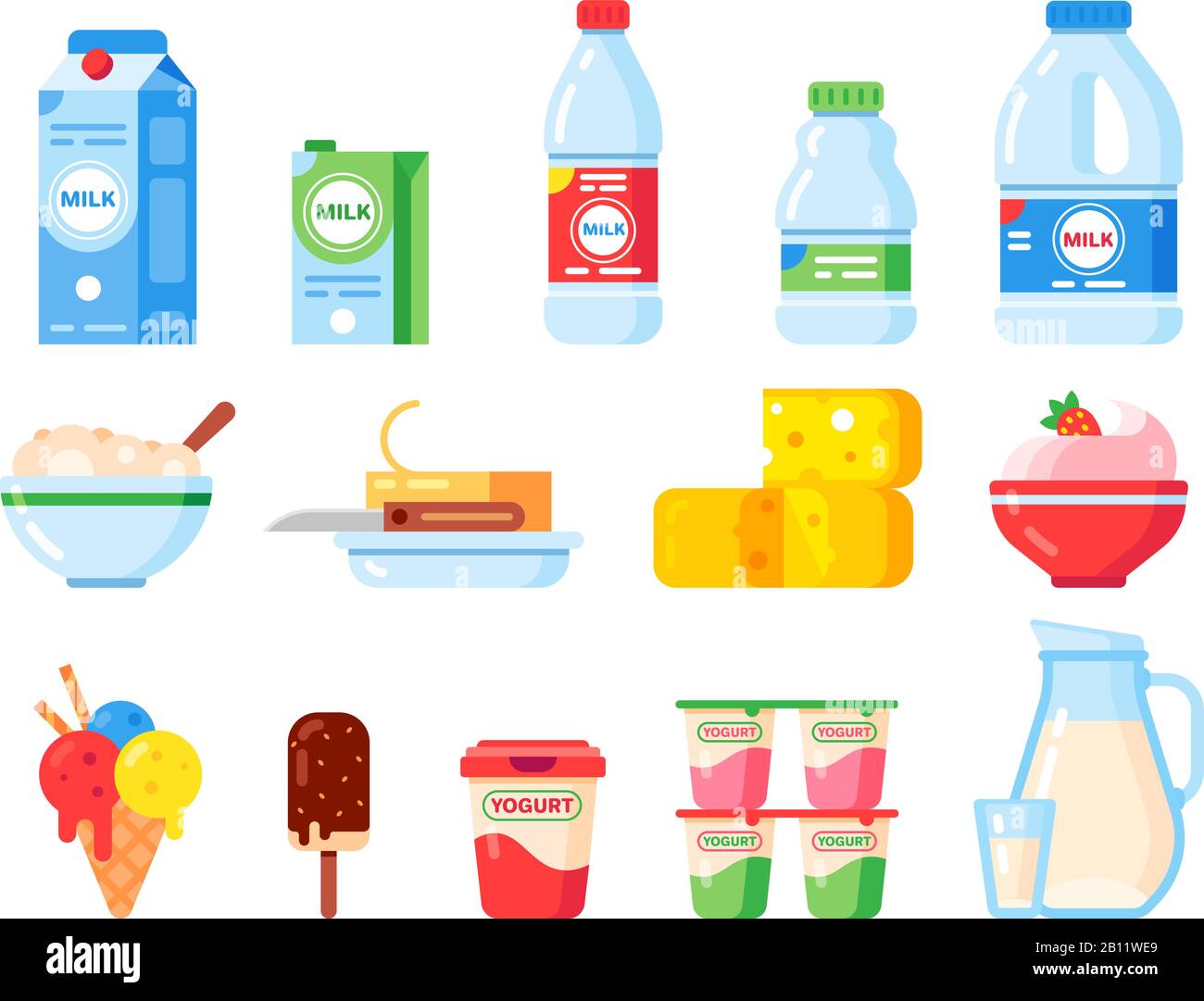 Milchprodukte. Gesunde Ernährung Joghurt, Eis und Milchkäse. Kollektion isolierter Vektor-Flat-Icons für frische Milchprodukte Stock Vektor