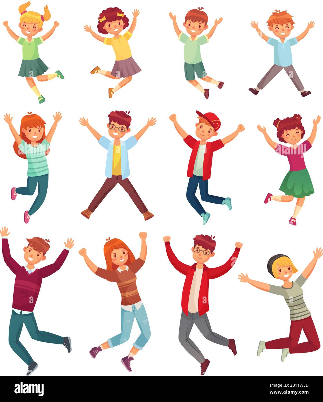 Springende Kinder. Aufgeregte Kinder springen, glückliche gesprungene Teenager und lächelnde Kinder springen Cartoon Vektor Illustration Set Stock Vektor