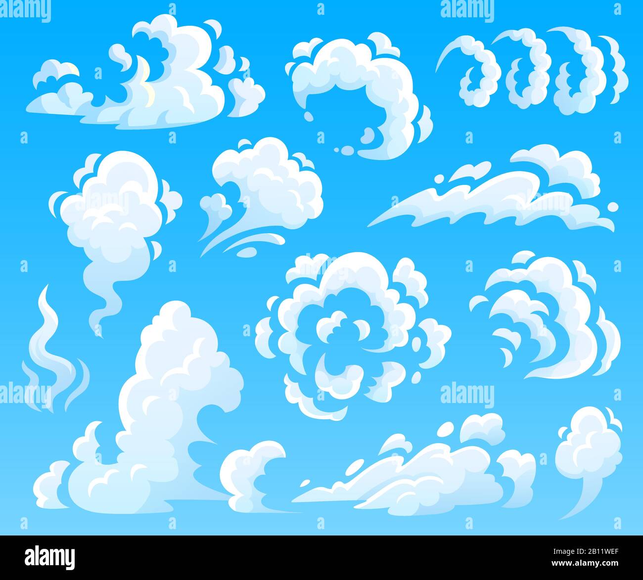 Cartoon-Wolken und Rauch. Staubwolke, schnelle Aktionssymbole. Isolierte Illustrations-Sammlung für Himmelsvektor Stock Vektor