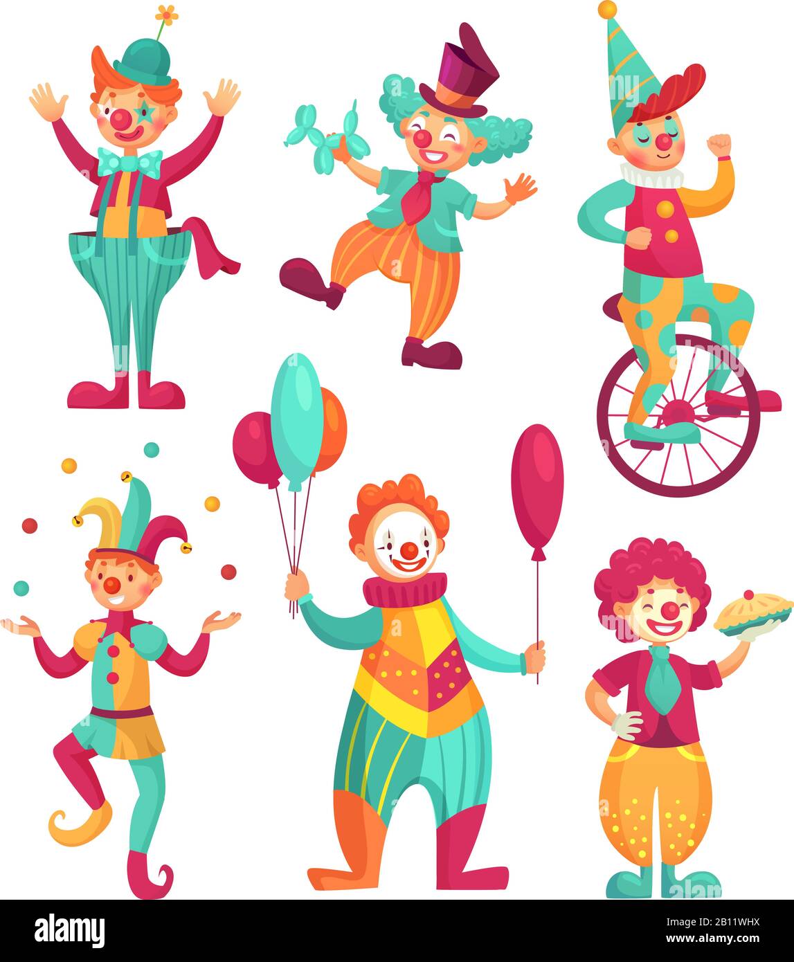 Zirkusclowns. Cartoon Clown Comedian Jonglieren, lustige Clowns Nose oder Jester Party Zirkuskostüm. Vektorgrafiksatz Stock Vektor