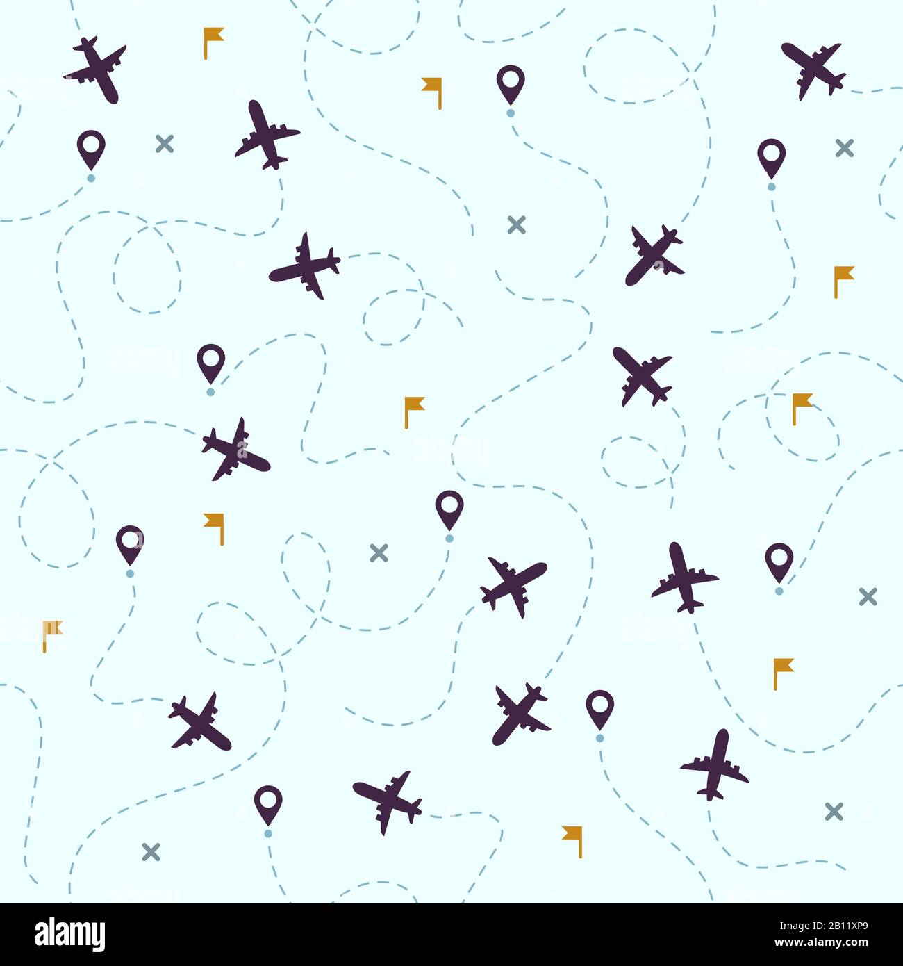 Flugmuster. Flugzeugreisen, avia-Routen und Flugvektor nahtloser Hintergrund Stock Vektor